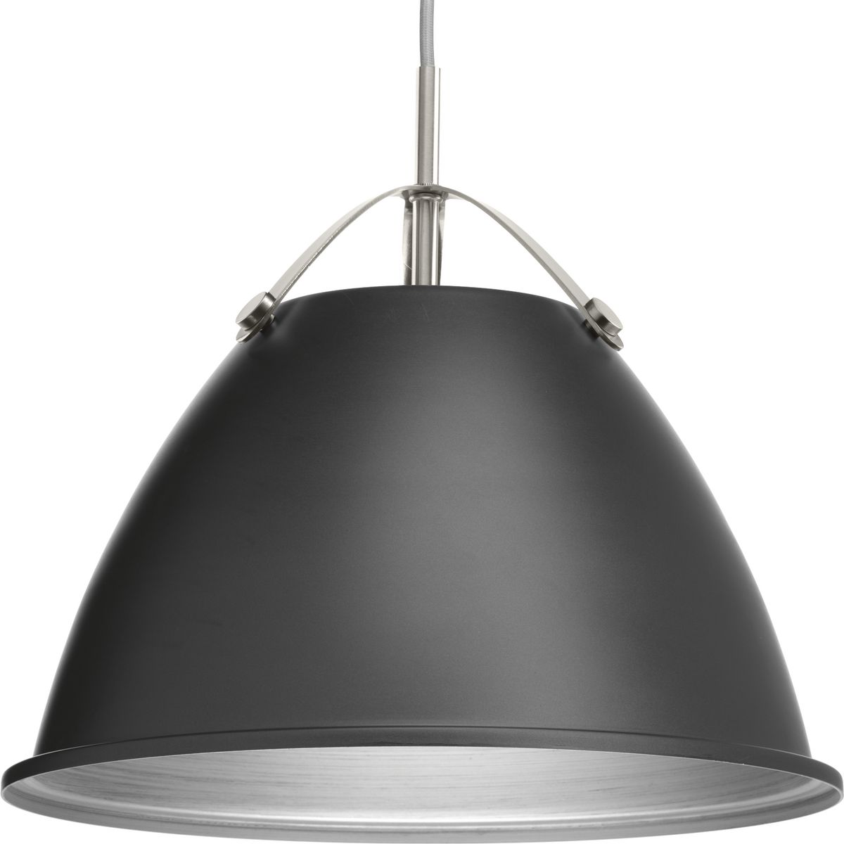 Tre is a classic metal shade 15 in pendant with an updated combination of a Graphite dome and Brushed Nickel accents. A tri-arm support adds a sense of architectural and industrial detailing, while the vented shade allows for both downward and upward illumination. Light reflects off the inside of the Vintage Silver shade to provide the final finish effect.