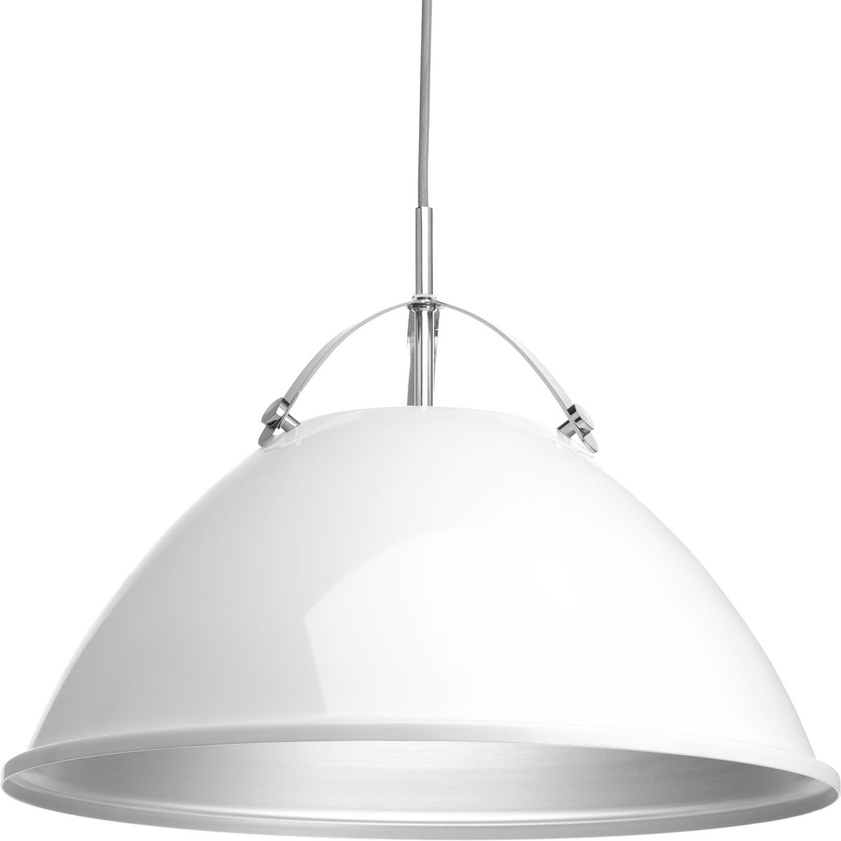 Tre is a classic metal shade 20 in pendant with an updated combination of a White dome and Polished Chrome accents. A tri-arm support adds a sense of architectural and industrial detailing, while the vented shade allows for both downward and upward illumination. Light reflects off the inside of the Vintage Silver shade to provide the final finish effect.