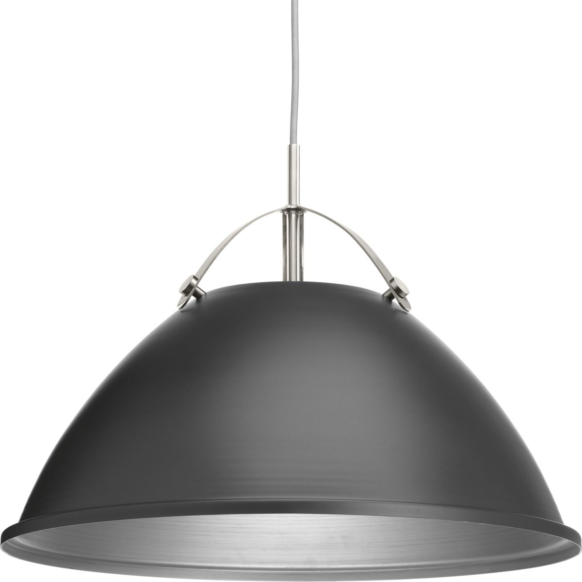 Tre is a classic metal shade 20 in pendant with an updated combination of a Graphite dome and Brushed Nickel accents. A tri-arm support adds a sense of architectural and industrial detailing, while the vented shade allows for both downward and upward illumination. Light reflects off the inside of the Vintage Silver shade to provide the final finish effect.