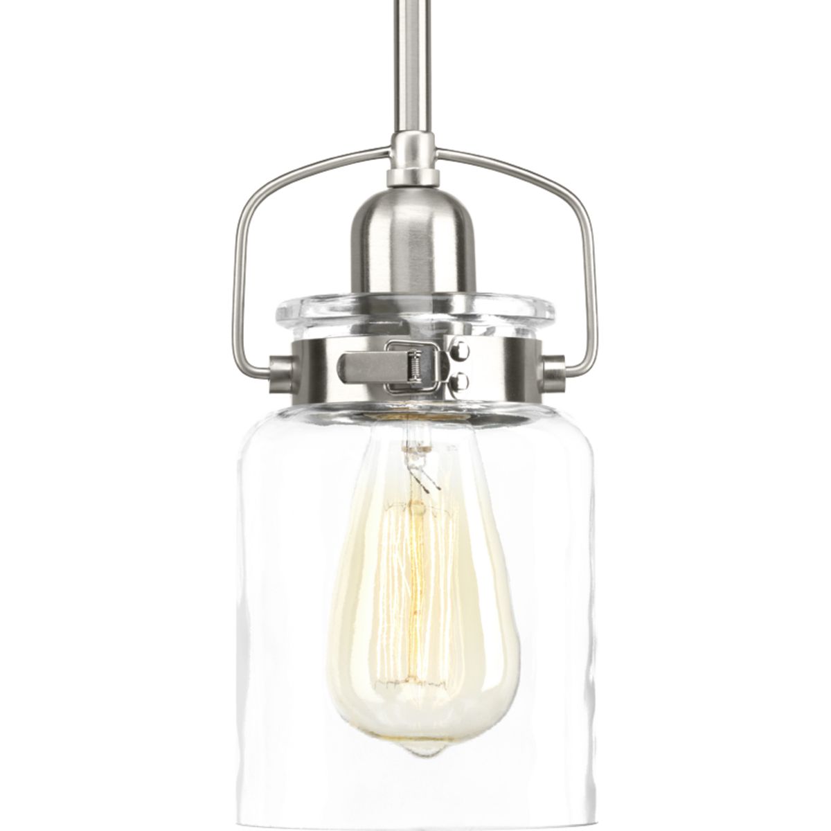 A delightful trend in home decor is the repurposing of antique parts into new, functional furniture and accessories. Calhoun playfully follows this lead with an apothecary style and features a clear glass diffuser held in place with a mechanical latch from a spice container. The glass shade showcases a thickened profile to create a vintage-style surface for a classic handmade appearance. One-Light mini-pendant with a Brushed Nickel finish.