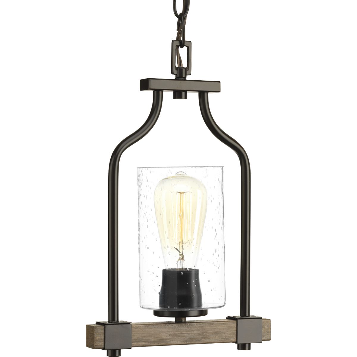 Rustic and vintage decor can transform your home into a nostalgic retreat reminiscent of rural farmhouses. Exposed iron details and a faux-painted wooden plank support an artful, clear, seeded glass shade. Combine with vintage-style light bulbs to create a romantic focal point for any room. One-Light mini-pendant.