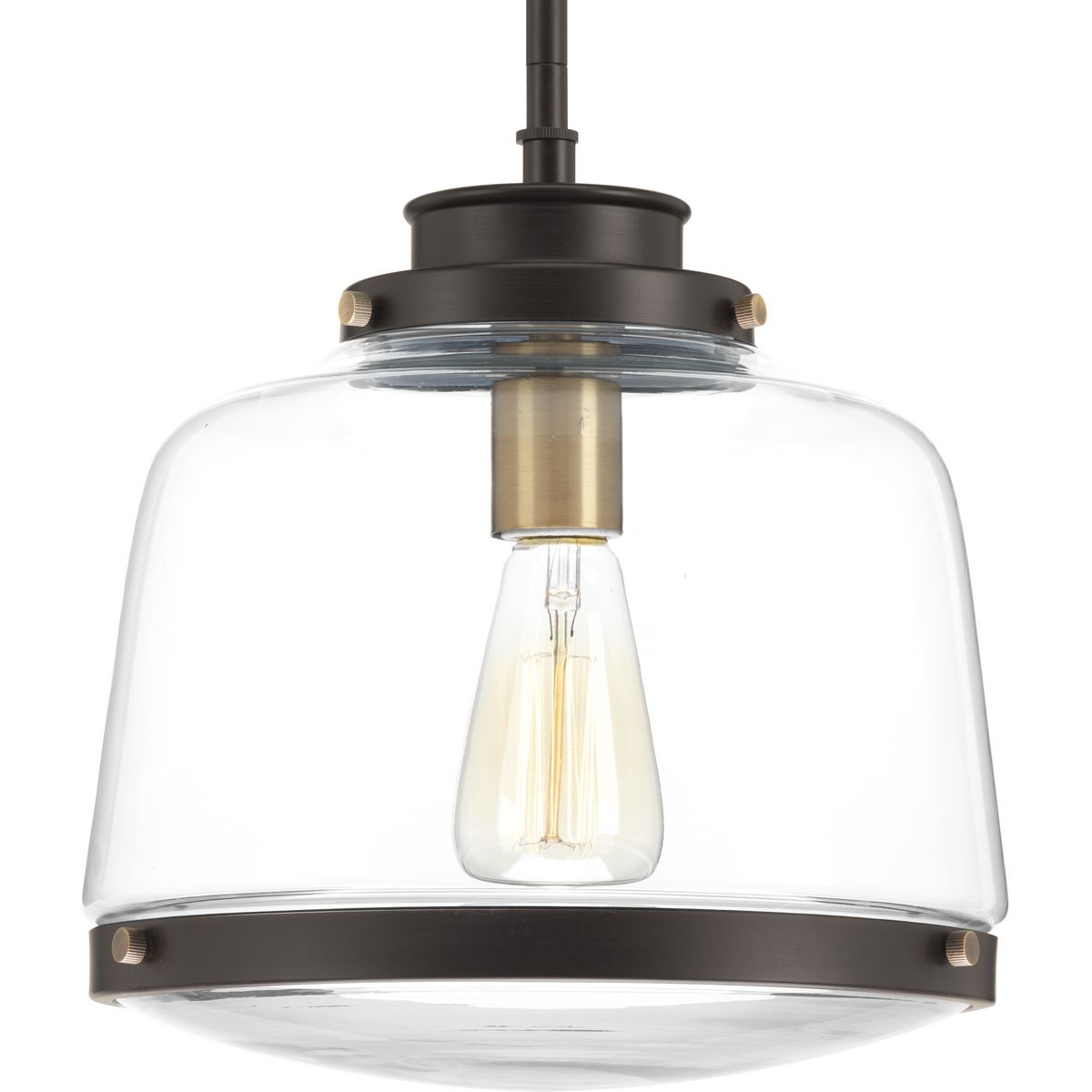 The Judson collection features a timeless clear schoolhouse-style globe. Metal fittings add distinction to complete the vintage look. Judson provides the perfect compliment to farmhouse or coastal-inspired homes. One-light pendant in an Antique Bronze finish.