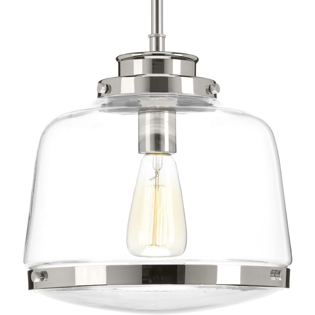 The Judson collection features a timeless clear schoolhouse-style globe. Metal fittings add distinction to complete the vintage look. Judson provides the perfect compliment to farmhouse or coastal-inspired homes. One-light pendant in an Polished Nickel finish.