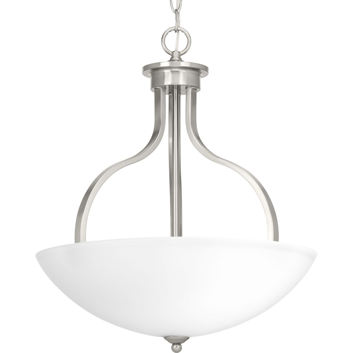 The Laird collection provides a contemporary complement to casual interiors popular in today's homes. Glass shades add distinction and provide pleasing illumination to any room, while scrolling arms create an airy effect. Inverted Pendant in an Brushed Nickel finish.