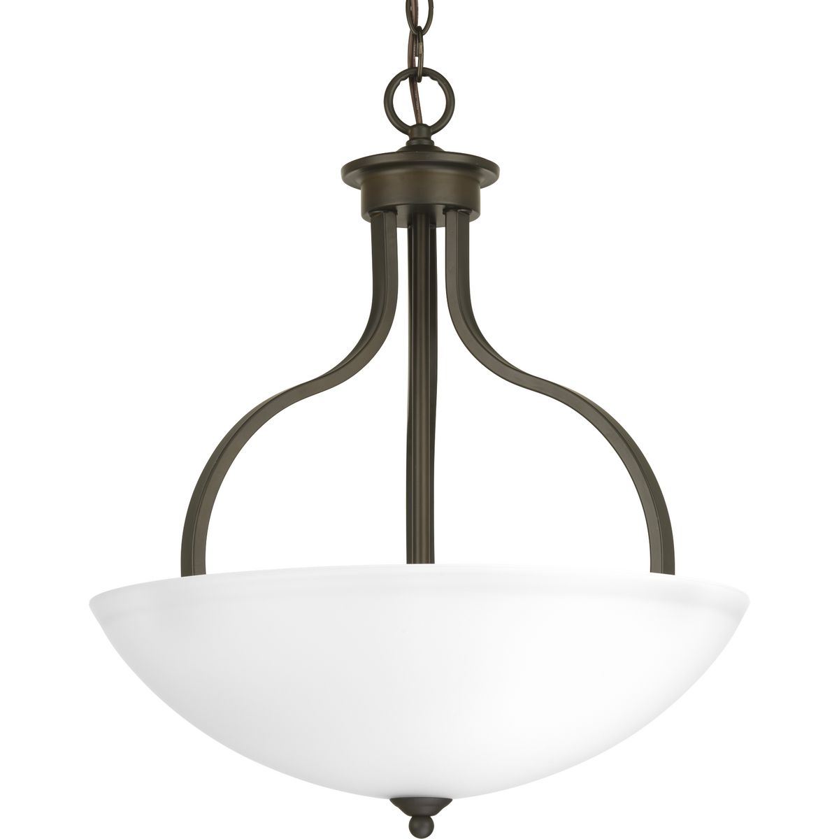The Laird collection provides a contemporary complement to casual interiors popular in today's homes. Glass shades add distinction and provide pleasing illumination to any room, while scrolling arms create an airy effect. Inverted Pendant in an Antique Bronze finish.