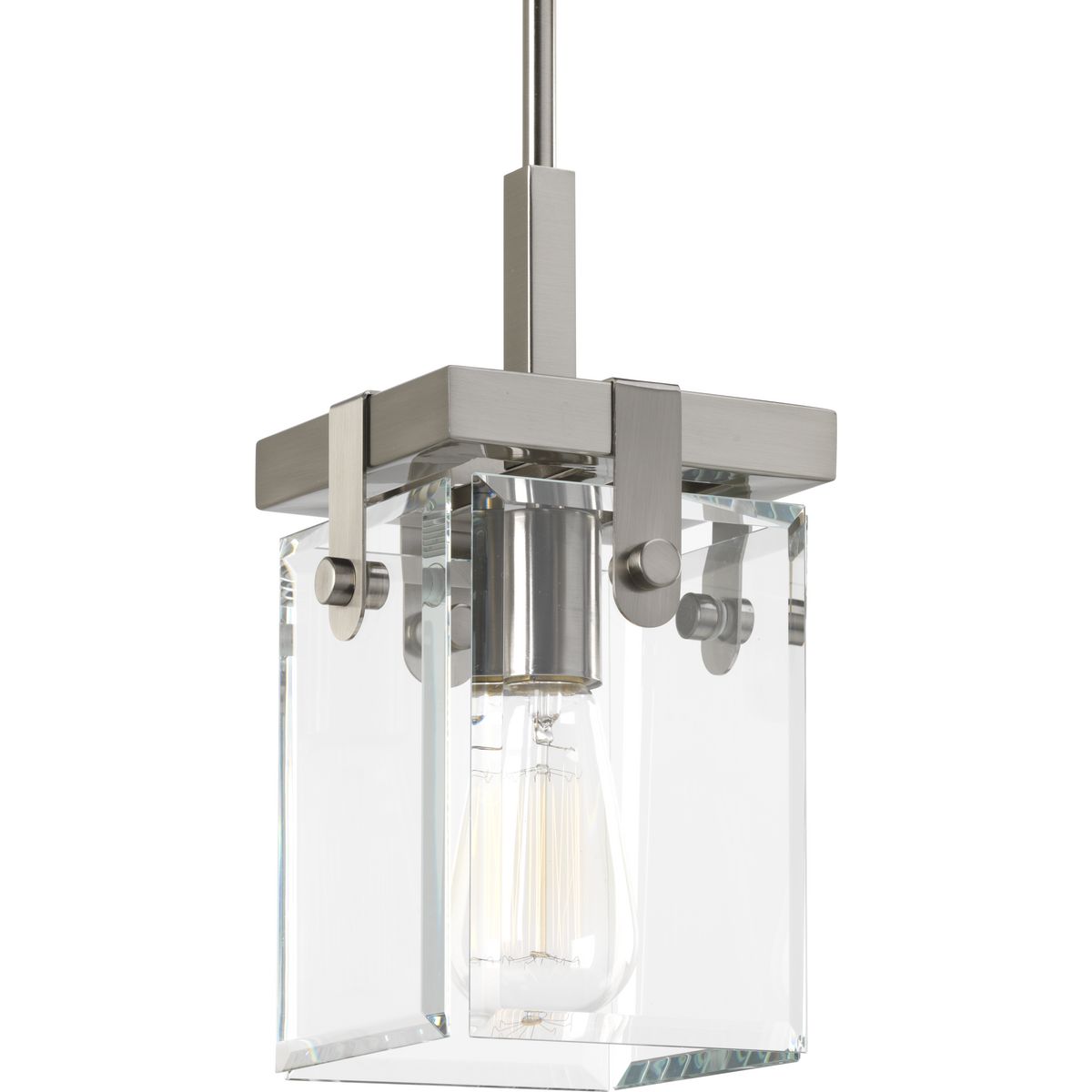Inspired by modern architecture. Glayse features handsome details for variety of interior design styles. The frameless unbounded beveled glass creates beautiful light and reflection. The structure of Glayse is the focal point of the design, where form follows function. The one-light mini-pendant is complimented by a Brushed Nickel finish.