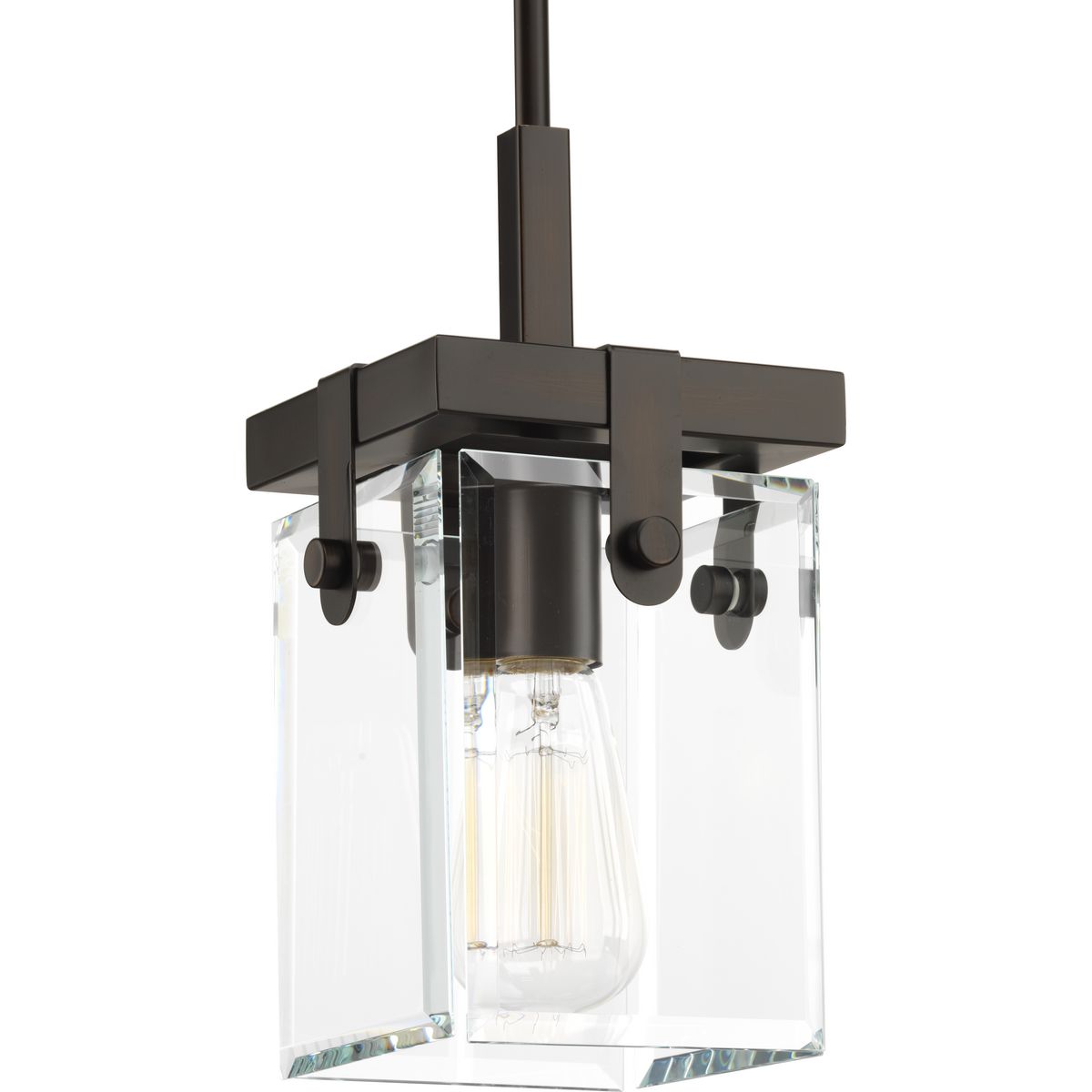 Inspired by modern architecture. Glayse features handsome details for variety of interior design styles. The frameless unbounded beveled glass creates beautiful light and reflection. The structure of Glayse is the focal point of the design, where form follows function. The one-light mini-pendant is complimented by an Antique Bronze finish.