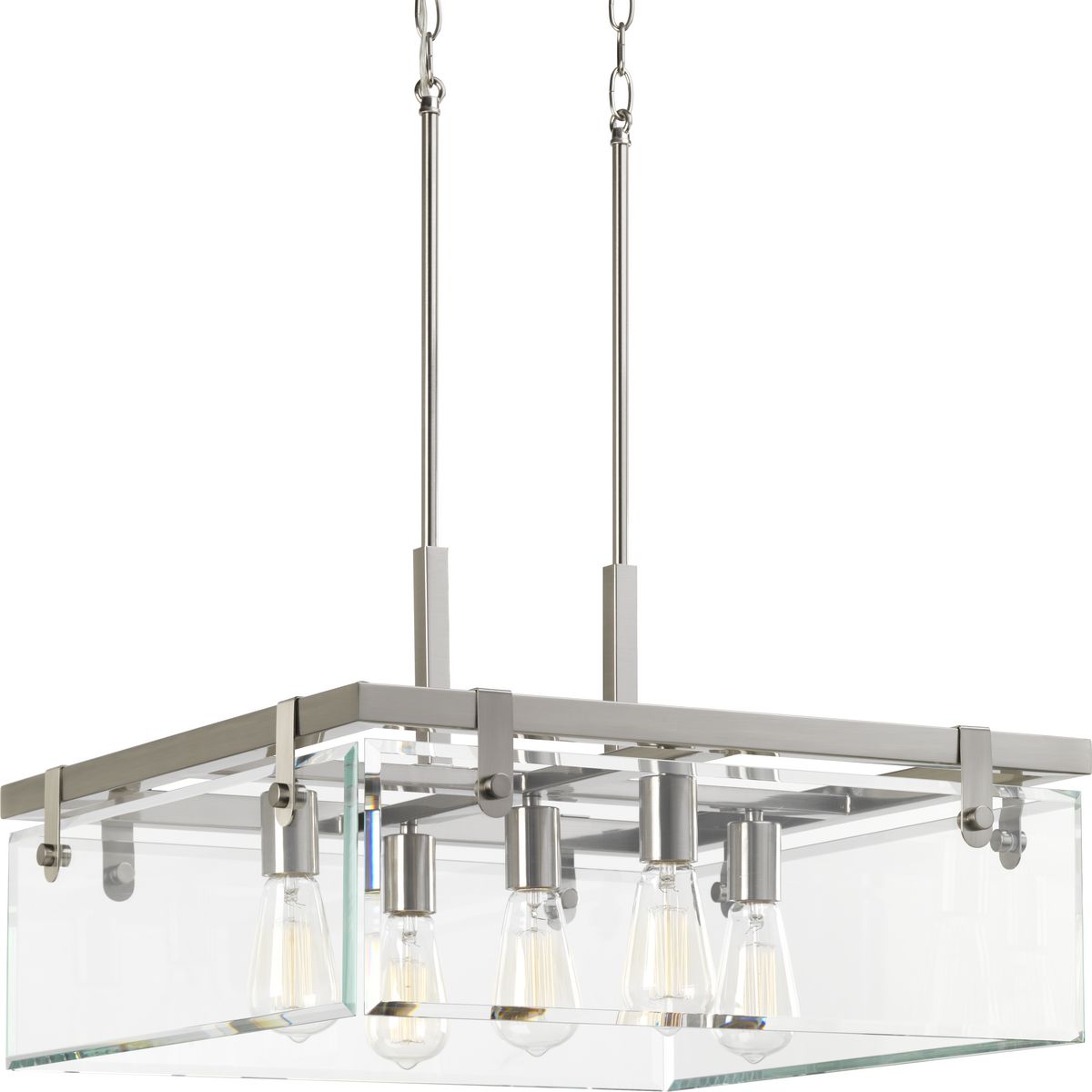 Inspired by modern architecture. Glayse features handsome details for variety of interior design styles. The frameless unbounded beveled glass creates beautiful light and reflection. The structure of Glayse is the focal point of the design, where form follows function. The five-light pendant is complimented by a Brushed Nickel finish.