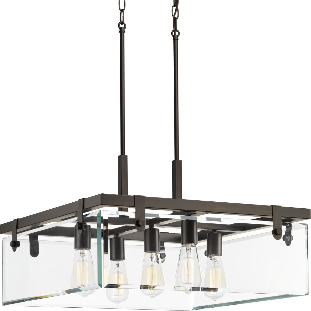 Inspired by modern architecture. Glayse features handsome details for variety of interior design styles. The frameless unbounded beveled glass creates beautiful light and reflection. The structure of Glayse is the focal point of the design, where form follows function. The five-light pendant is complimented by an Antique Bronze finish.