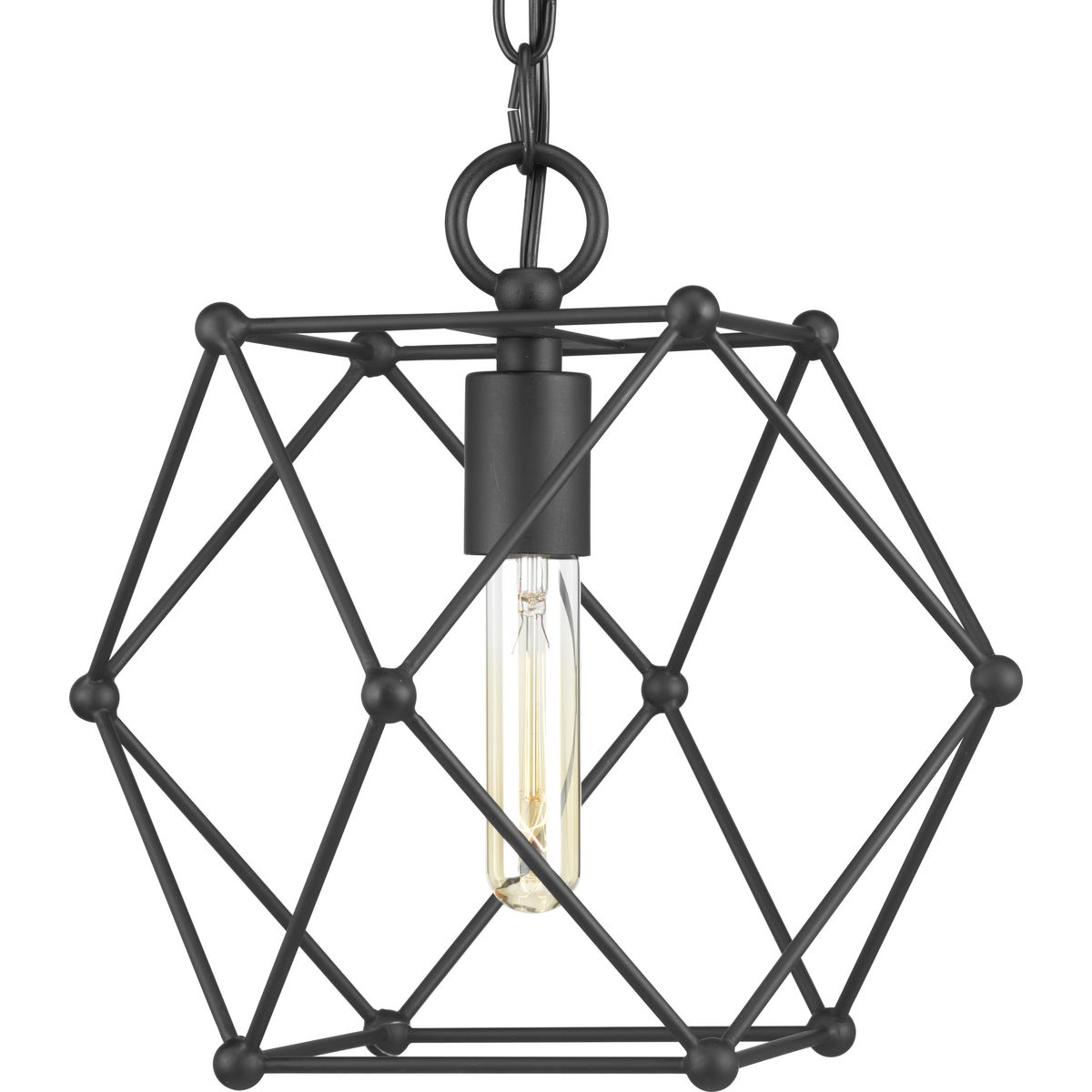 Spatial showcases a modern form that complements Urban Industrial and Bohemian styles. Overscaled geometric frames feature designs inspired by metal trusses and the art of engineering. A Matte Black finish is highlighted by clear globe shades. The one-light mini-pendant is ideal for kitchens.