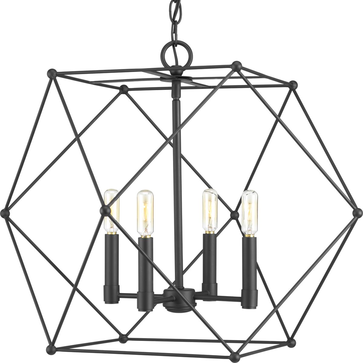 Spatial showcases a modern form that complements Urban Industrial and Bohemian styles. Overscaled geometric frames feature designs inspired by metal trusses and the art of engineering. A Matte Black finish is highlighted by  open candles. The four-light pendant is ideal for foyers and entryways.