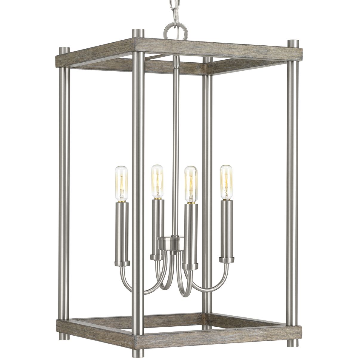With updated designs that honor the charm of early American styling, Fontayne four-light pendant provides a timeless elegance to Rustic Farmhouse, Modern Farmhouse and Urban Industrial spaces. Impressive graphic elements take center stage, while candelabra lights highlight subtle curves. Dual tone finish combinations of Brushed Nickel with weathered gray accents.