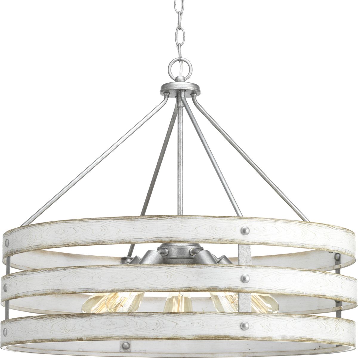 Three circular bands wrap together to create an open design for Gulliver five-light pendant. Dual toned frame color combinations of Galvanized with antique white accents. A hand painted wood grained texture complements Rustic and Modern Farmhouse home decor, as well as Urban Industrial and Coastal interior settings.