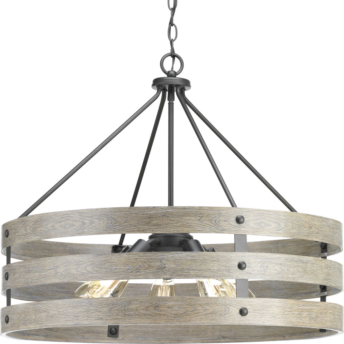 Three circular bands wrap together to create an open design for Gulliver five-light pendant. Dual toned frame color combinations of Graphite with weathered gray accents. A hand painted wood grained texture complements Rustic and Modern Farmhouse home decor, as well as Urban Industrial and Coastal interior settings.