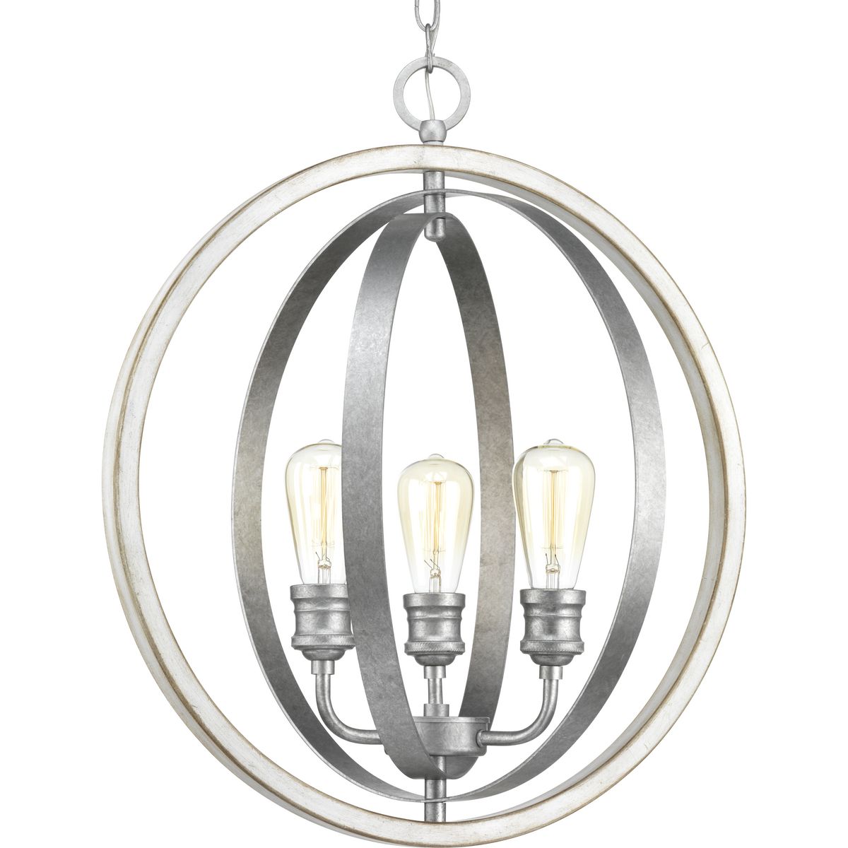 The Conestee collection three-light pendant features a stunning armillary-style frame. Dual tone finish combination of Galvanized with antique white accents While Conestee is ideal for Rustic Farmhouse or Urban Industrial home environments, it can also be paired with a number of Coastal-inspired fixtures to complement natural wood materials.