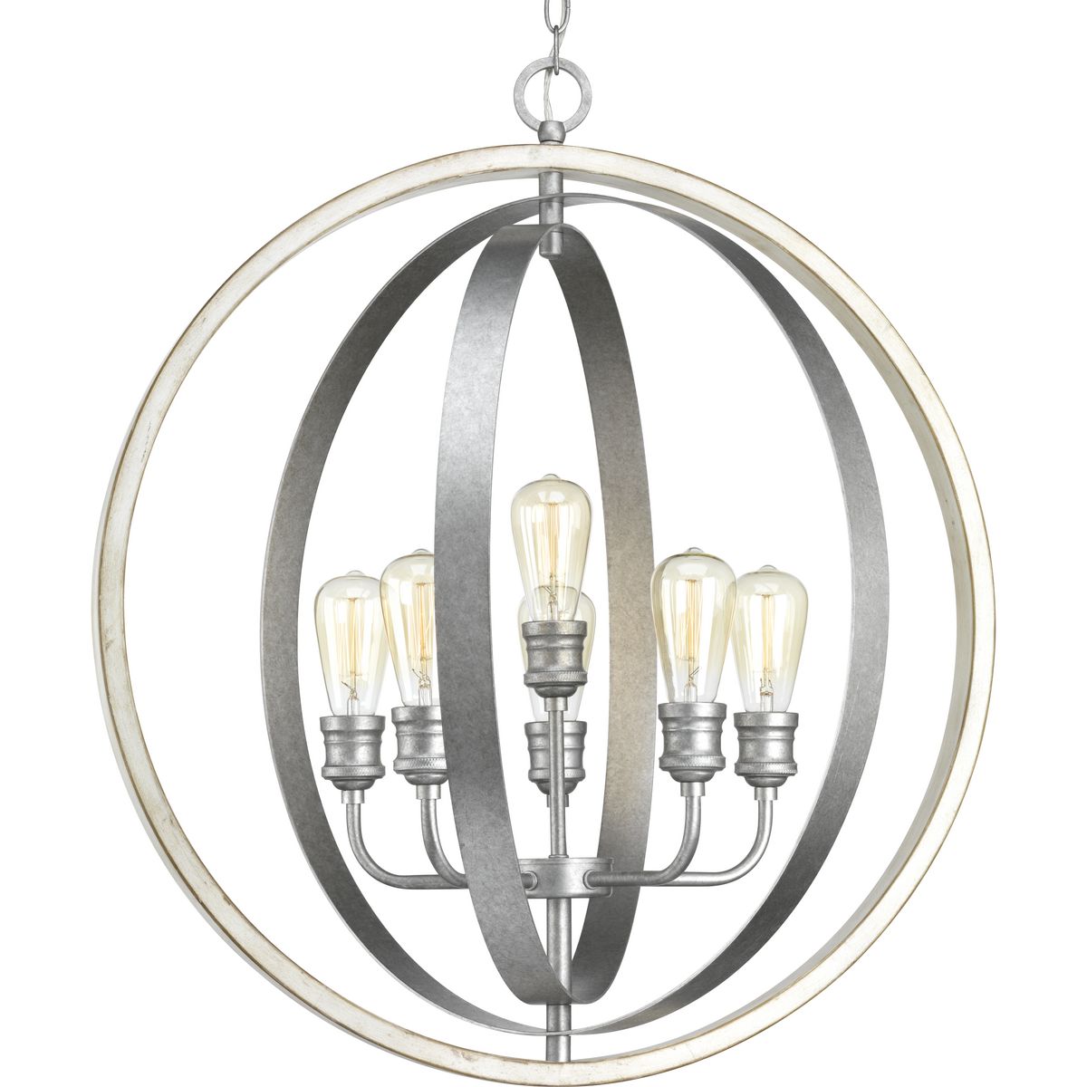The Conestee collection six-light pendant features a stunning armillary-style frame. Dual tone finish combination of Galvanized with antique white accents While Conestee is ideal for Rustic Farmhouse or Urban Industrial home environments, it can also be paired with a number of Coastal-inspired fixtures to complement natural wood materials.