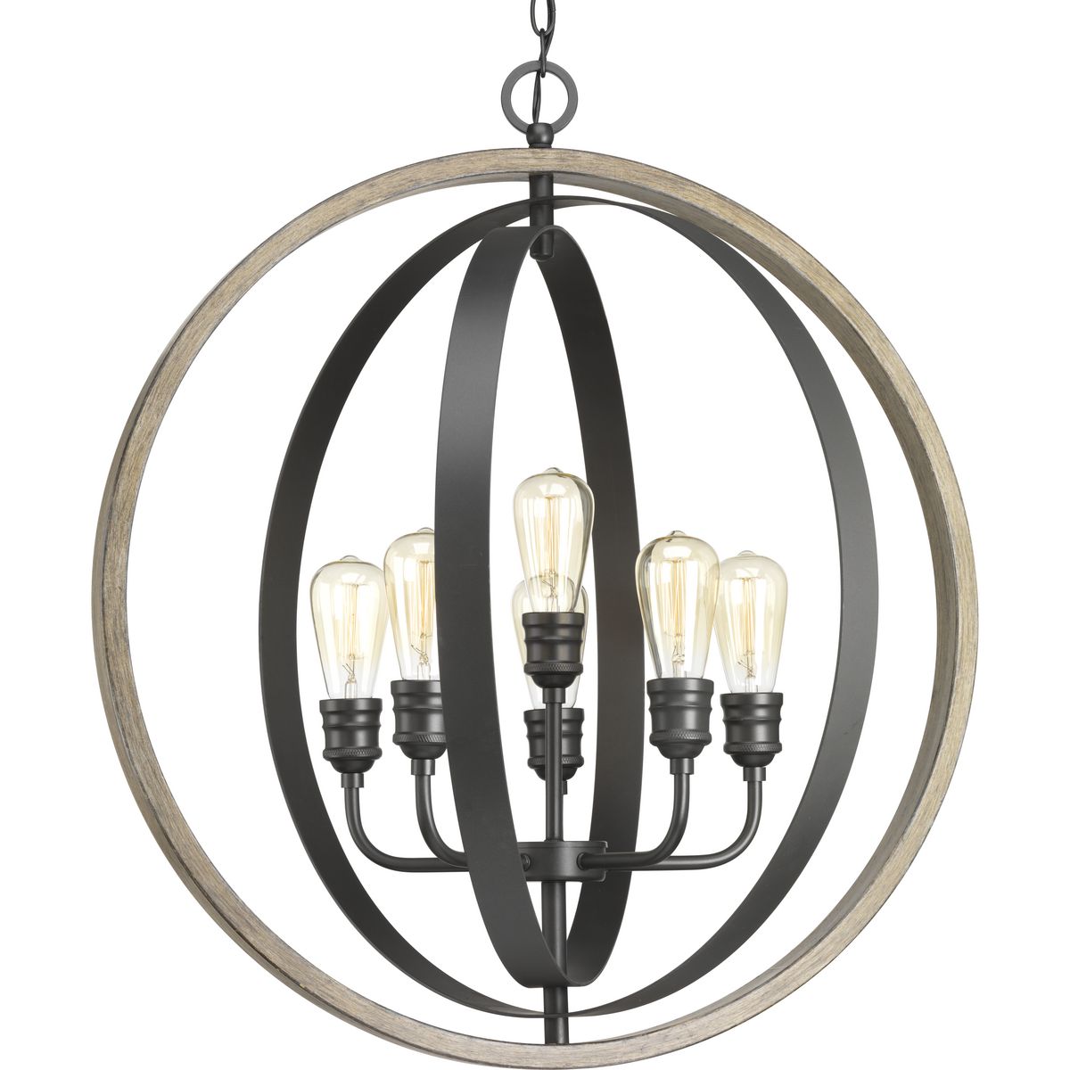 The Conestee collection six-light pendant features a stunning armillary-style frame. Dual tone finish combination of Graphite with weathered gray accents. While Conestee is ideal for Rustic Farmhouse or Urban Industrial home environments, it can also be paired with a number of Coastal-inspired fixtures to complement natural wood materials.