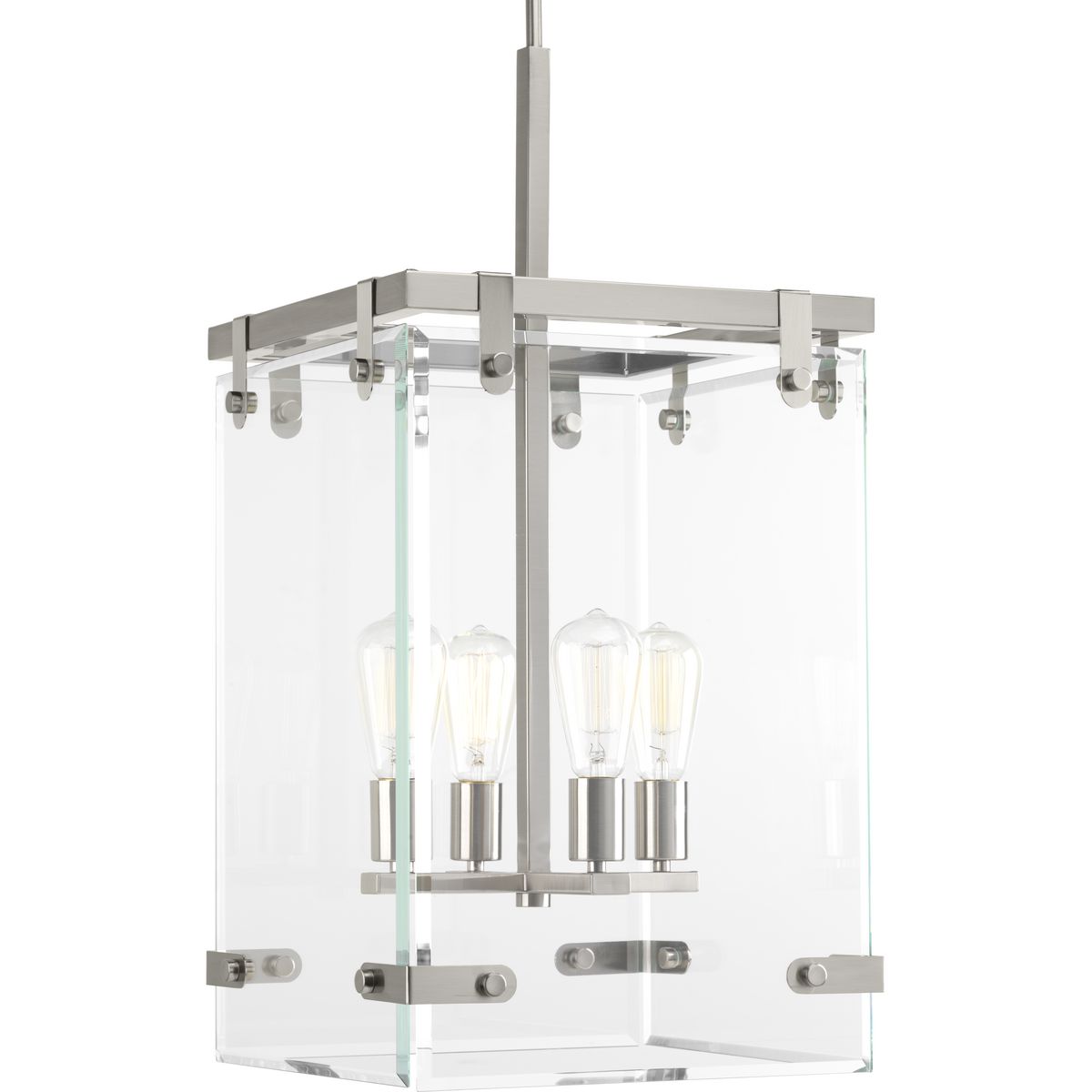 Inspired by modern architecture. Glayse features handsome details for variety of interior design styles. The frameless unbounded beveled glass creates beautiful light and reflection. The structure of Glayse is the focal point of the design, where form follows function. The four-light pendant is complimented by a Brushed Nickel finish.