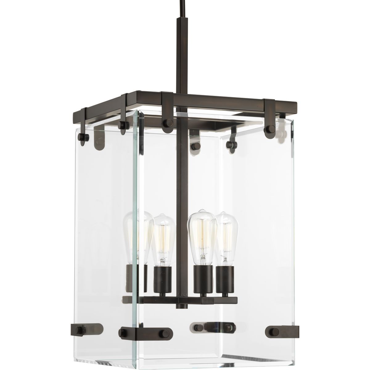 Inspired by modern architecture. Glayse features handsome details for variety of interior design styles. The frameless unbounded beveled glass creates beautiful light and reflection. The structure of Glayse is the focal point of the design, where form follows function. The four-light pendant is complimented by an Antique Bronze finish.