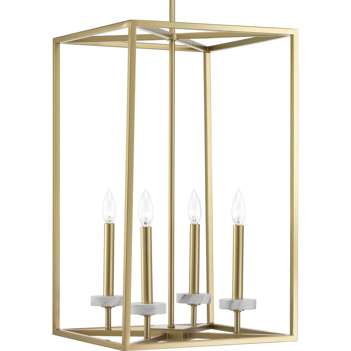 An intriguing fashion-forward lighting collection, Palacio pairs a Vintage Gold cage with faux white marble accents on the candles for a stunningly elegant design. The four-light Pendant is ideal for a variety of interiors.