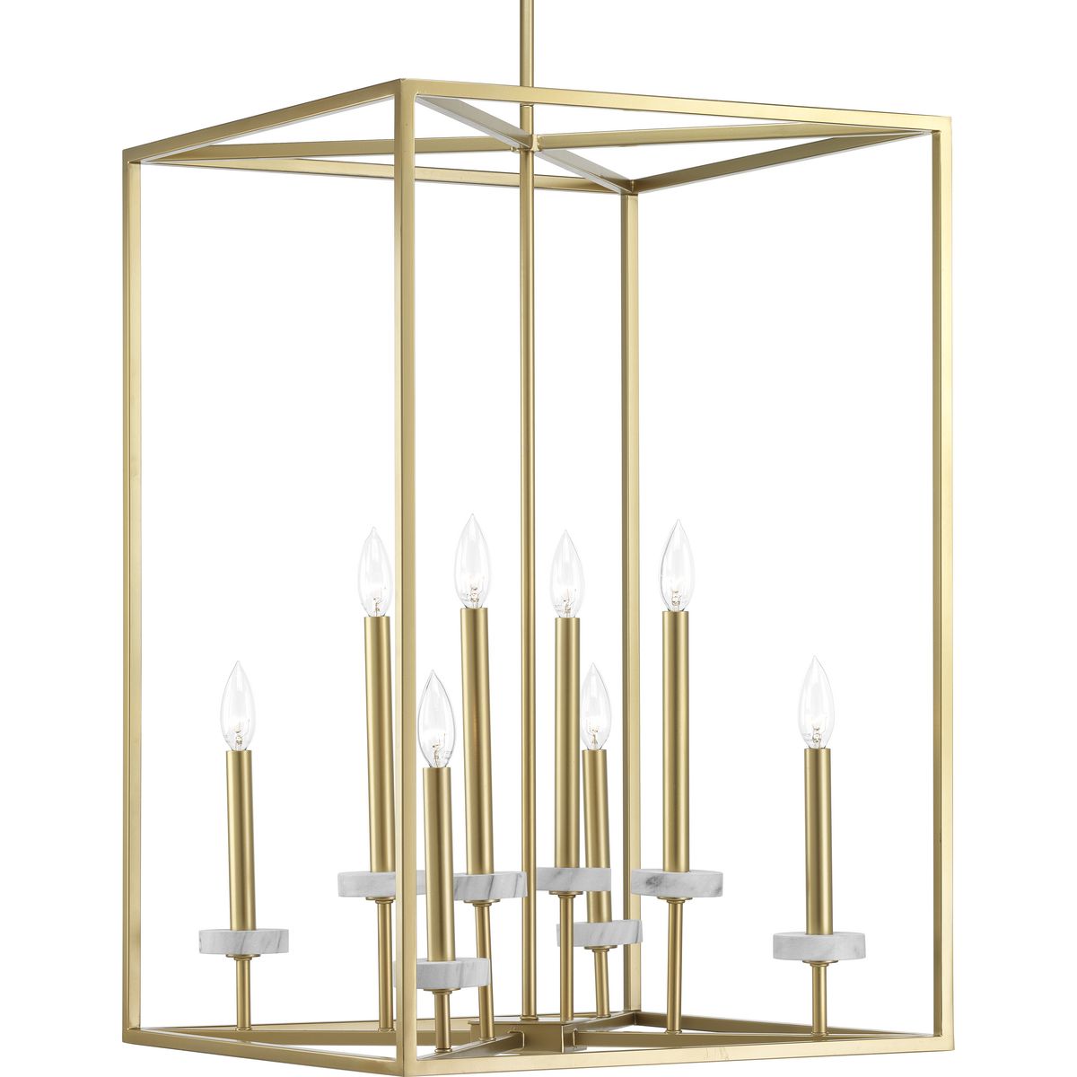 An intriguing fashion-forward lighting collection, Palacio pairs a Vintage Gold cage with faux white marble accents on the candles for a stunningly elegant design. The eight-light Pendant is ideal for a variety of interiors.