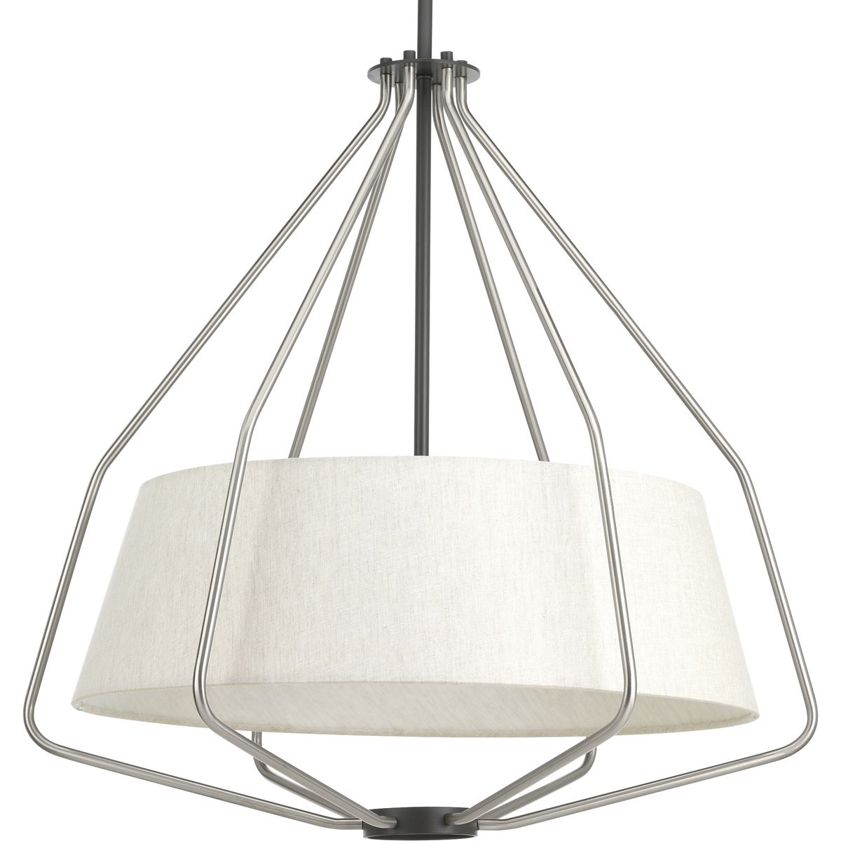 The three-Light pendant in the Hangar collection is a fun, light and airy piece - perfect for both casual and modern homes. A sophisticated, statement-making frame occupies a large visual space. Modern wire basket forms are finished in Brushed Nickel with graphite accents that surround an off-white linen shade.