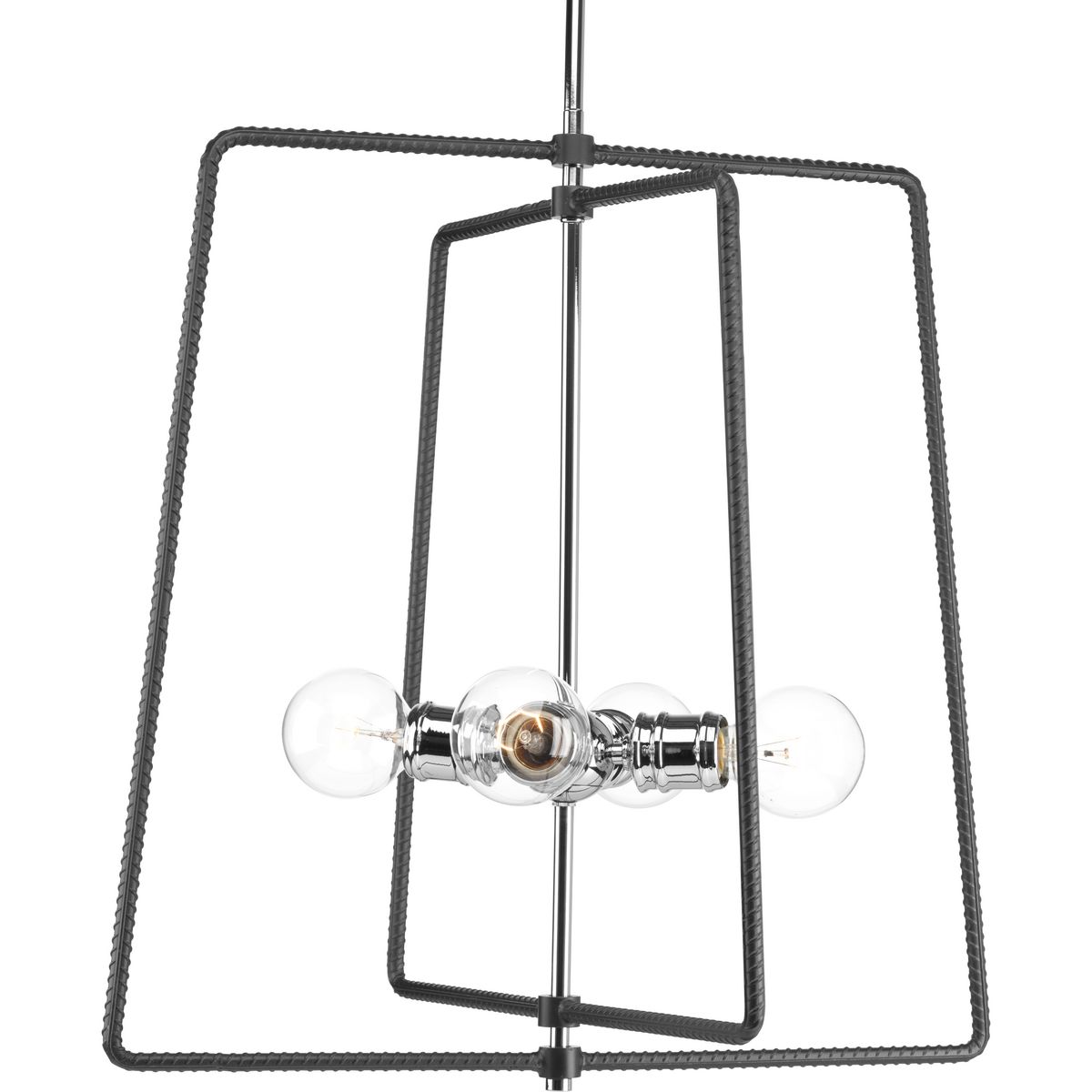 The Re-Bar four-light pendant is inspired by industrial and vintage electric elements, created from a common masonry structure - a steel reinforcing bar. The coarse material is paired with bright Chrome to provide an intriguing visual contrast. In addition to Urban Industrial and Vintage Electric styles, Re-Bar is ideal for updating Modern Farmhouse interiors.