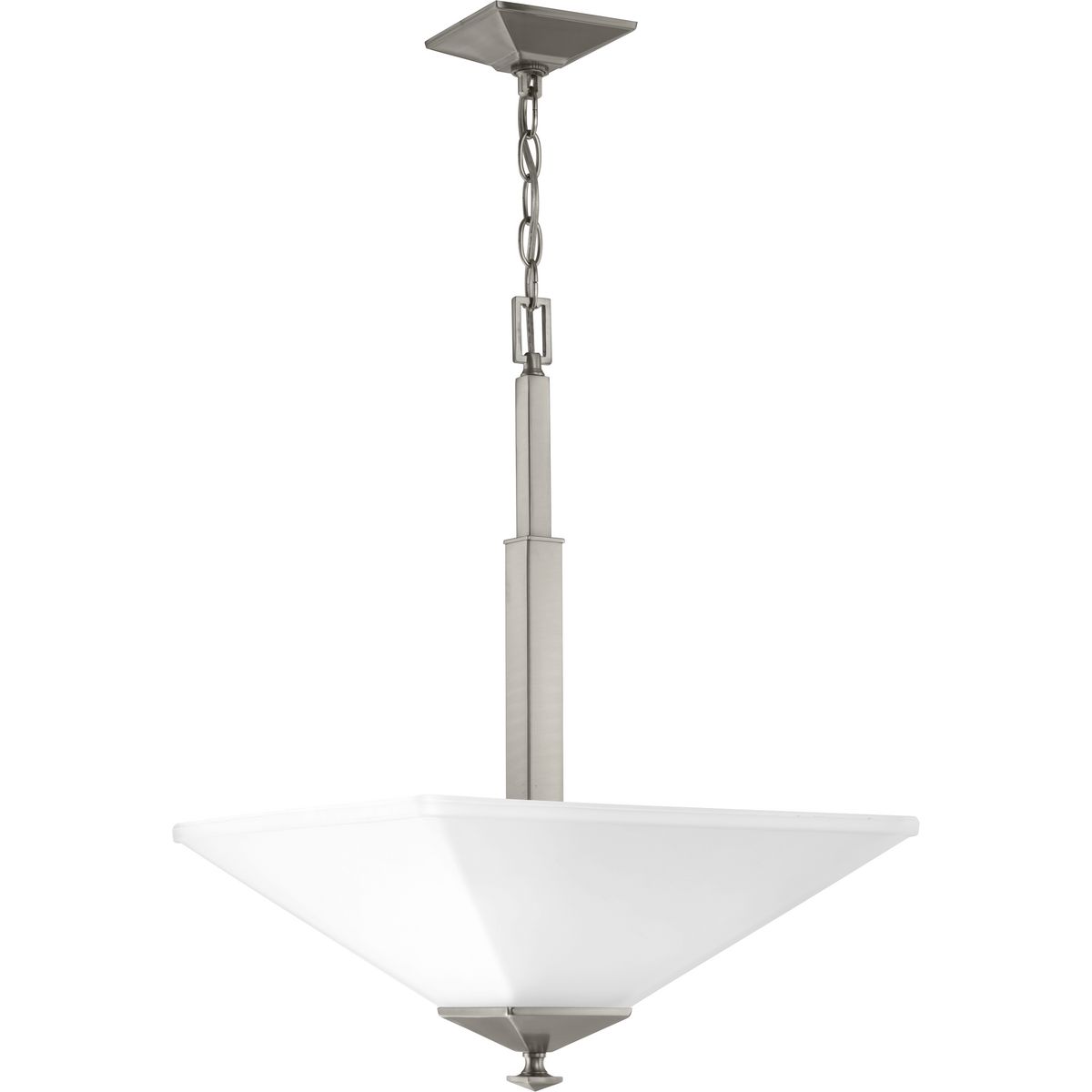 Distinctive chiseled features and clean lines are key features within the Clifton Heights collection. Inspired by an updated interpretation of Craftsman styling, careful attention to the details delivers a dramatic accent. A Brushed Nickel finish complements elegant etched square glass shades. The Clifton Heights collection enhances a variety of home styles including Farmhouse, Craftsman and Transitional decor. Two-Light Inverted Pendant.