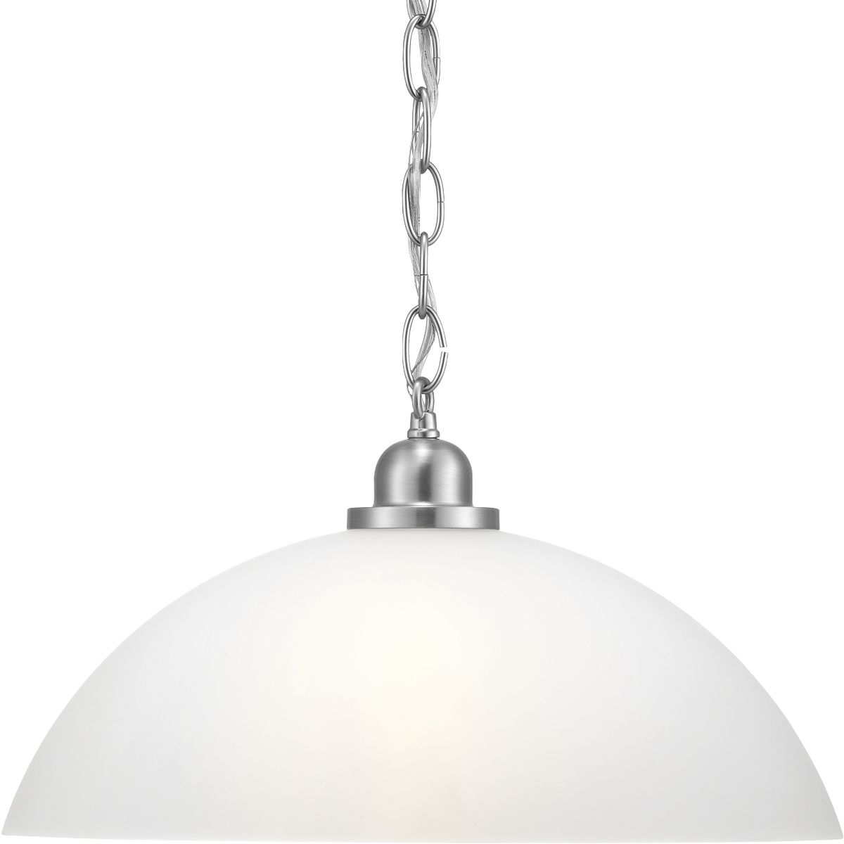 The elegantly simple design of the glass dome pendant complements a wide array of home styles. A classic form, the pendant is etched glass with a dome top that is ideal for kitchens and breakfast nooks. Brushed Nickel finish.