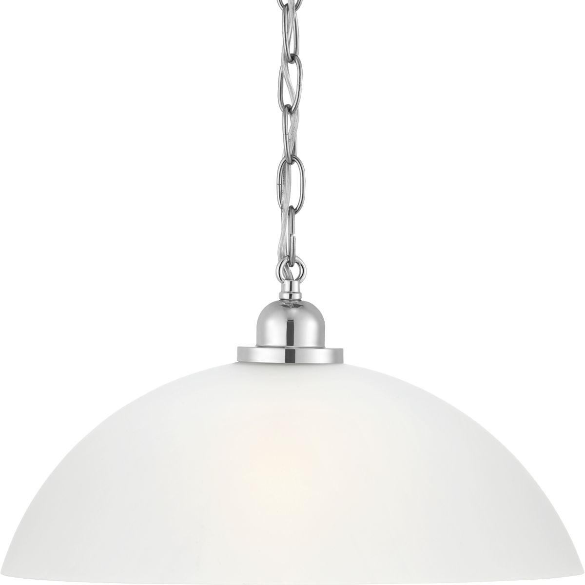 The elegantly simple design of the glass dome pendant complements a wide array of home styles. A classic form, the pendant is etched glass with a dome top that is ideal for kitchens and breakfast nooks. Polished Chrome finish.