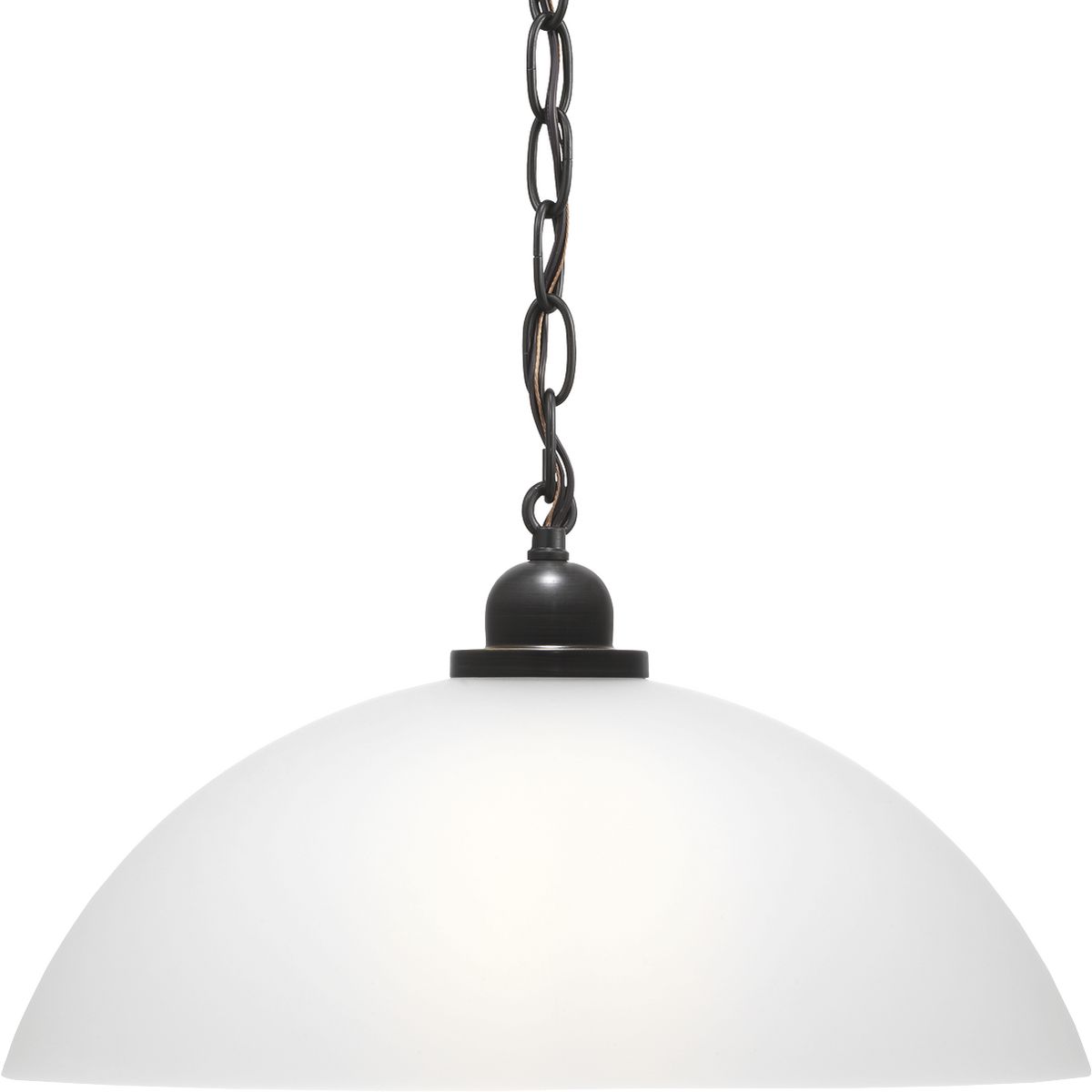 The elegantly simple design of the glass dome pendant complements a wide array of home styles. A classic form, the pendant is etched glass with a dome top that is ideal for kitchens and breakfast nooks. Antique Bronze finish.