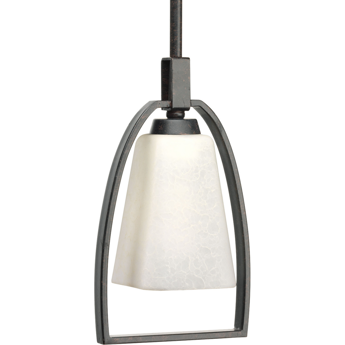 A classically designed fixture family for urban chic environments, Ridge features a clean, yet rustic, modern frame. The open design encases an etched antique watermarked glass with a tapered square form. This one-light mini-pendant is perfect for kitchens.