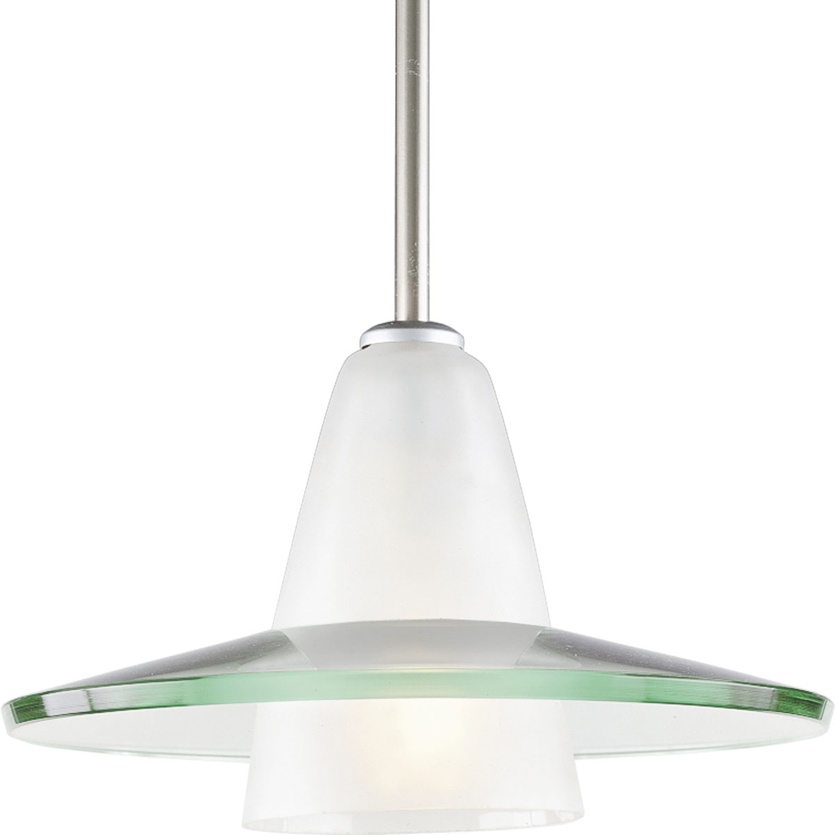 Contemporary stem-hung one-light mini-pendant with an etched glass cone supporting a heavy curved clear glass shade. Canopy adjusts to sloped ceilings up to 45 degrees w/ 358 degree rotation.