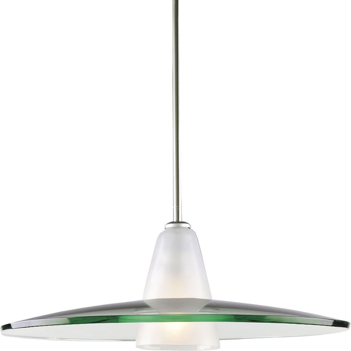 Contemporary stem-hung one-light pendant with an etched glass cone supporting a heavy curved clear glass shade. Canopy adjusts to sloped ceilings up to 45 degrees w/ 358 degree rotation.