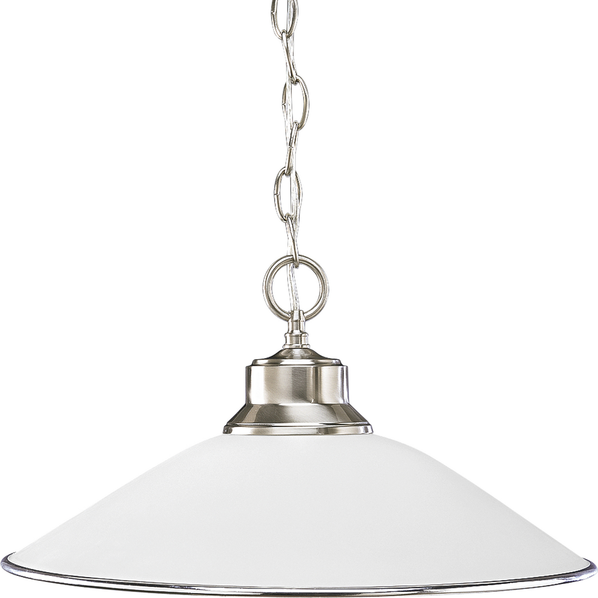 One-light chain-hung pendant with satin opal glass and a brushed nickel accent ring surrounding glass.