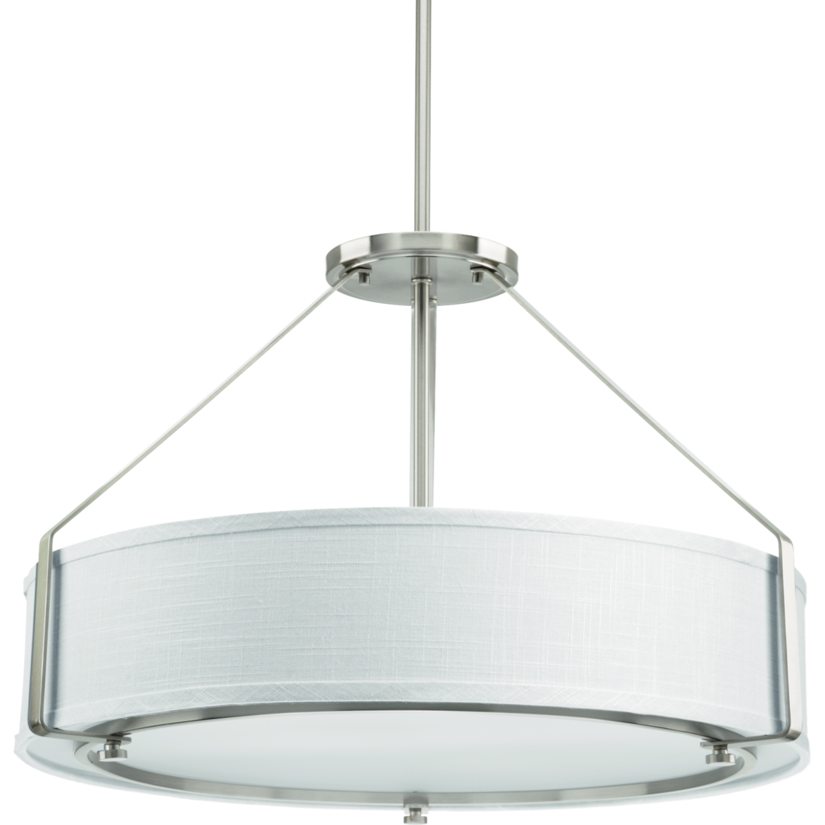 The four-light pendant offers a sleek metal frame that supports a low-slung shade to create Ratio�s casual modern style. The frame�s proportion to the white linen drum shade evokes a perfect ratio for lighting. Includes a polished glass exterior, etched glass interior diffuser that offers an elegant appeal and is easier to clean � offering both fashion and function. Brushed Nickel finish.
