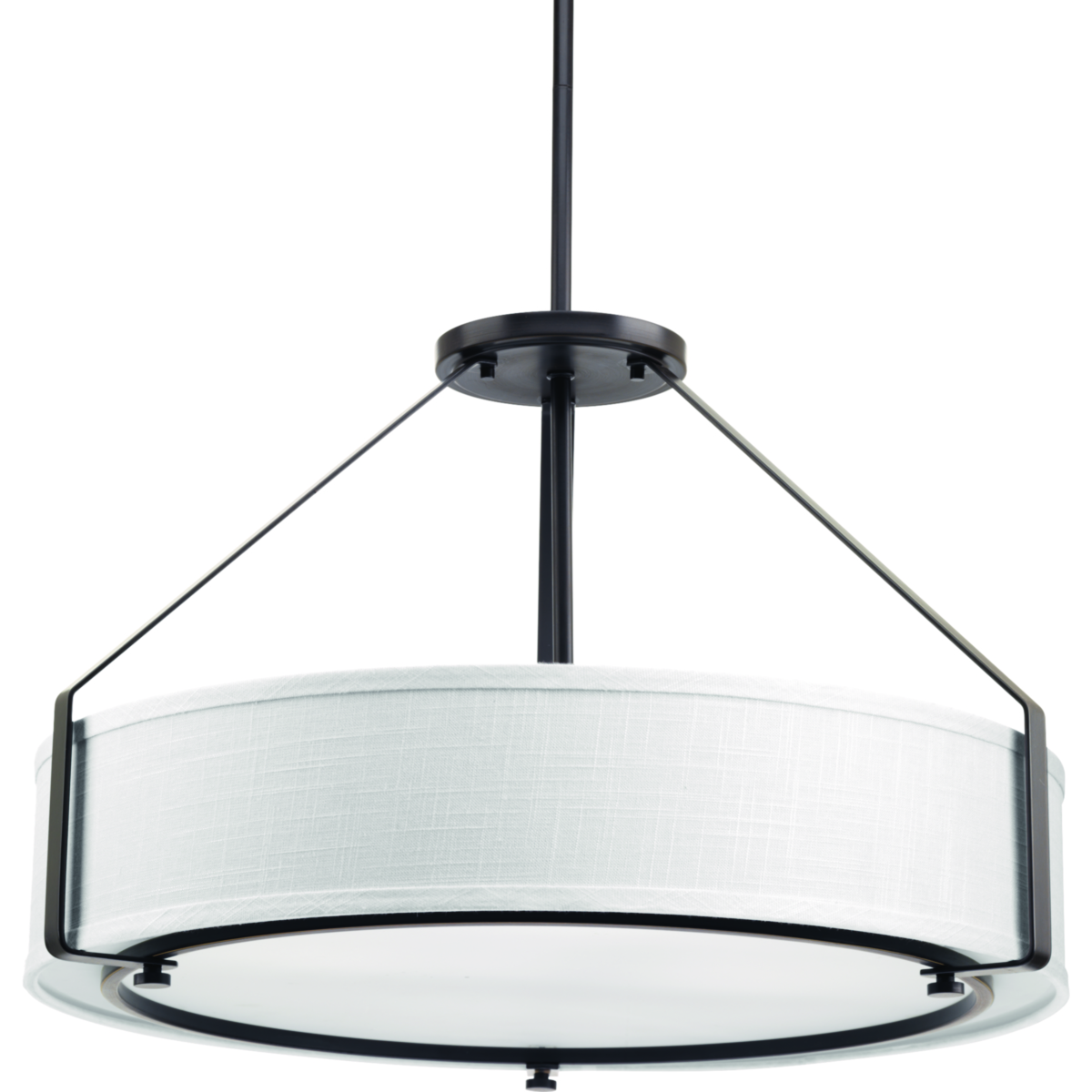 The four-light pendant offers a sleek metal frame that supports a low-slung shade to create Ratio�s casual modern style. The frame�s proportion to the white linen drum shade evokes a perfect ratio for lighting. Includes a polished glass exterior, etched glass interior diffuser that offers an elegant appeal and is easier to clean � offering both fashion and function. Antique Bronze finish.
