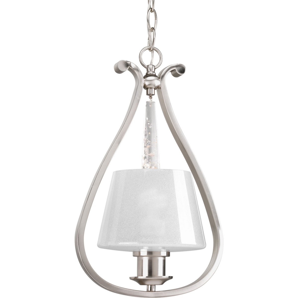 One-light mini-pendant from the Dazzle collection is sure to add some wow factor to your home. Dazzling glass features a gleaming polished exterior and a interior finish composed of fused glass beads to provide diffusion and sparkle. A jewel-like, faux rock crystal adds even more panache for an elegant and well-dressed effect to your home.