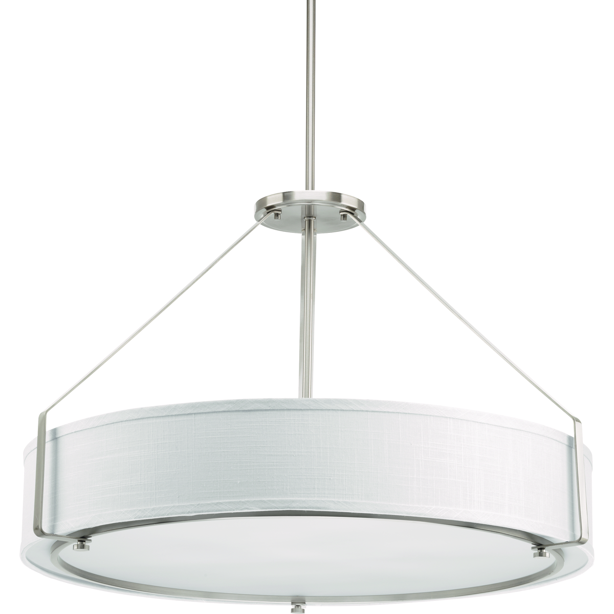 The six-light pendant offers a sleek metal frame that supports a low-slung shade to create Ratio�s casual modern style. The frame�s proportion to the white linen drum shade evokes a perfect ratio for lighting. Includes a polished glass exterior, etched glass interior diffuser that offers an elegant appeal and is easier to clean � offering both fashion and function. Brushed Nickel finish.