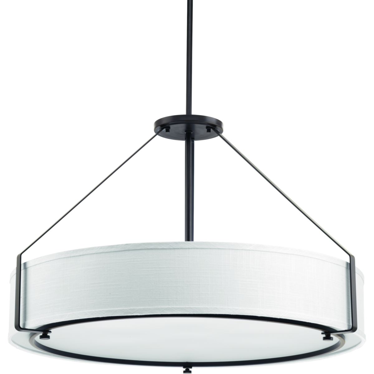 The six-light pendant offers a sleek metal frame that supports a low-slung shade to create Ratio�s casual modern style. The frame�s proportion to the white linen drum shade evokes a perfect ratio for lighting. Includes a polished glass exterior, etched glass interior diffuser that offers an elegant appeal and is easier to clean � offering both fashion and function. Antique Bronze finish.