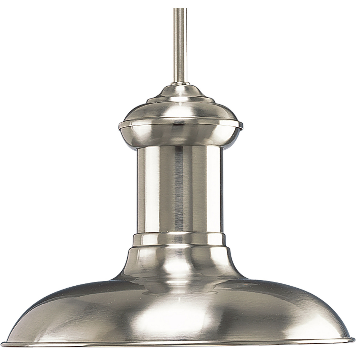 Inspired by vintage light fixtures found in early 20th century train stations. The LED one-light pendant has a metal shade and is stem hung. 3000K, 90+ CRI, 1,211 lumens 71.2 lumens/watt per module (source). Brushed Nickel finish.