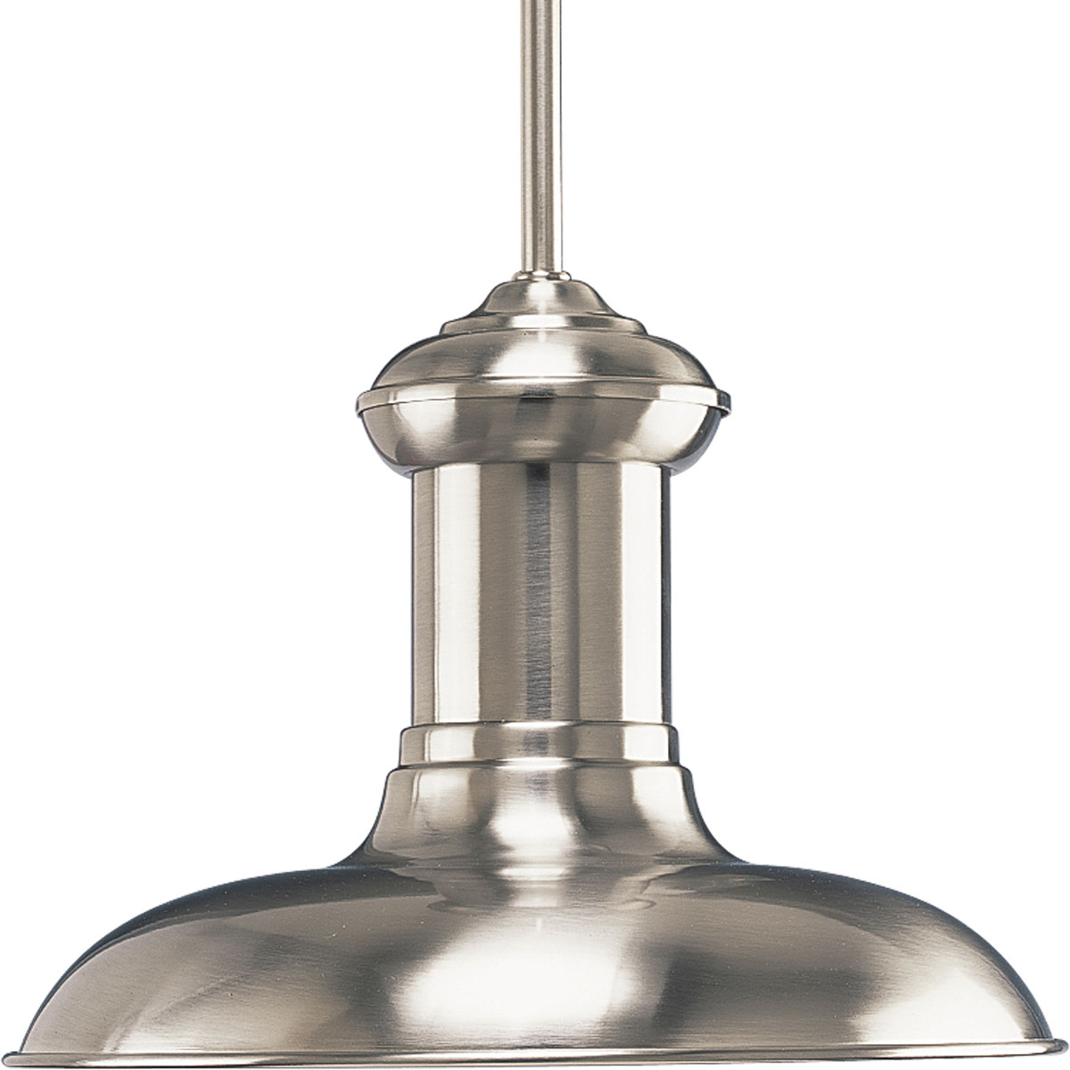 Inspired by vintage light fixtures found in early 20th century train stations. Brookside one-light pendant has a metal shade and is stem hung.
