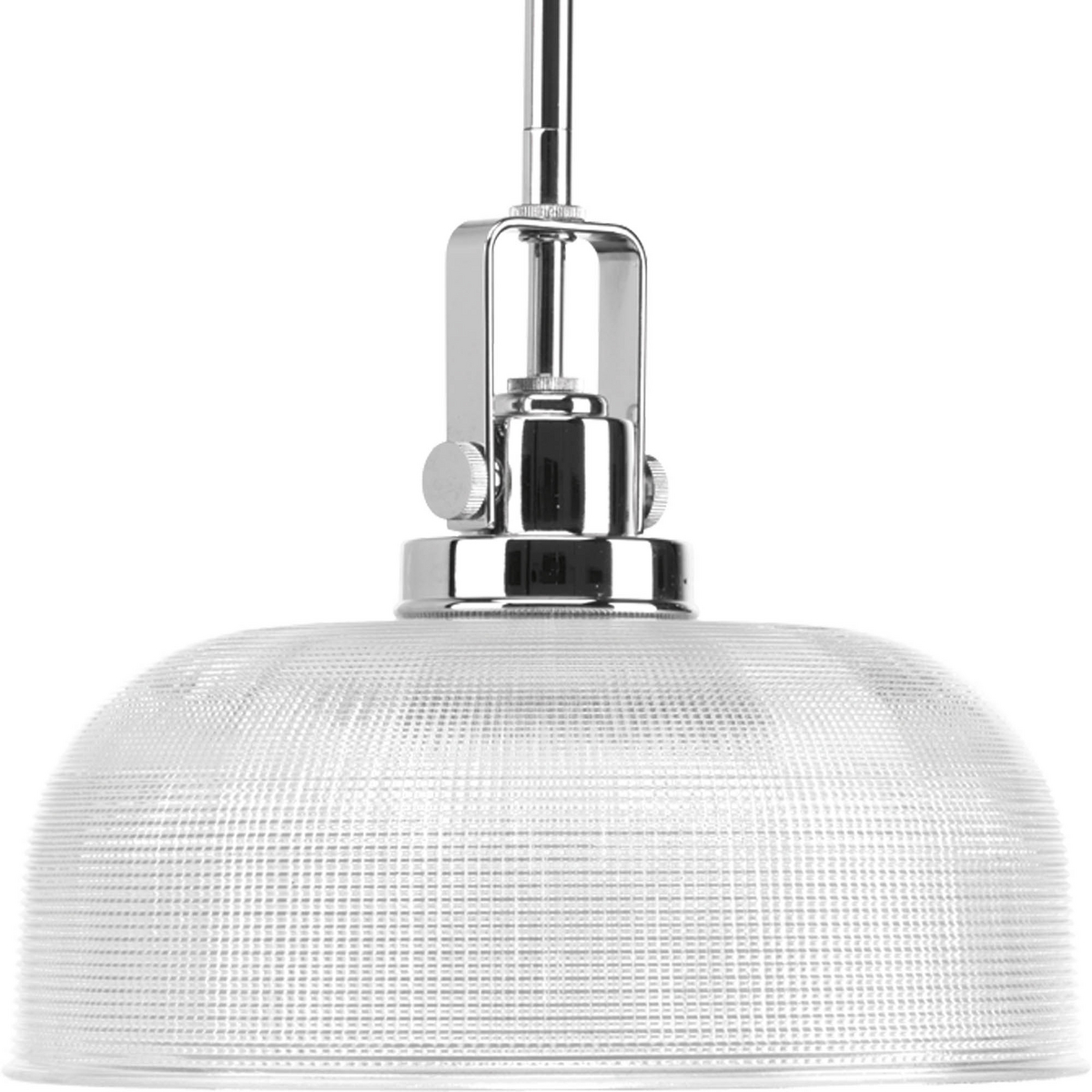 The Archie Collection brings a vintage, industrial flair to interior settings. The collection�s distinctive double prismatic glass adds visual interest as its crisscross pattern comes to life when illuminated. The distinctive finely crafted strap and knob detail adds authentic industrial flair. This one-light pendant is perfect for kitchens, dining rooms, rec room and anywhere pendants could be used. Polished Chrome finish.