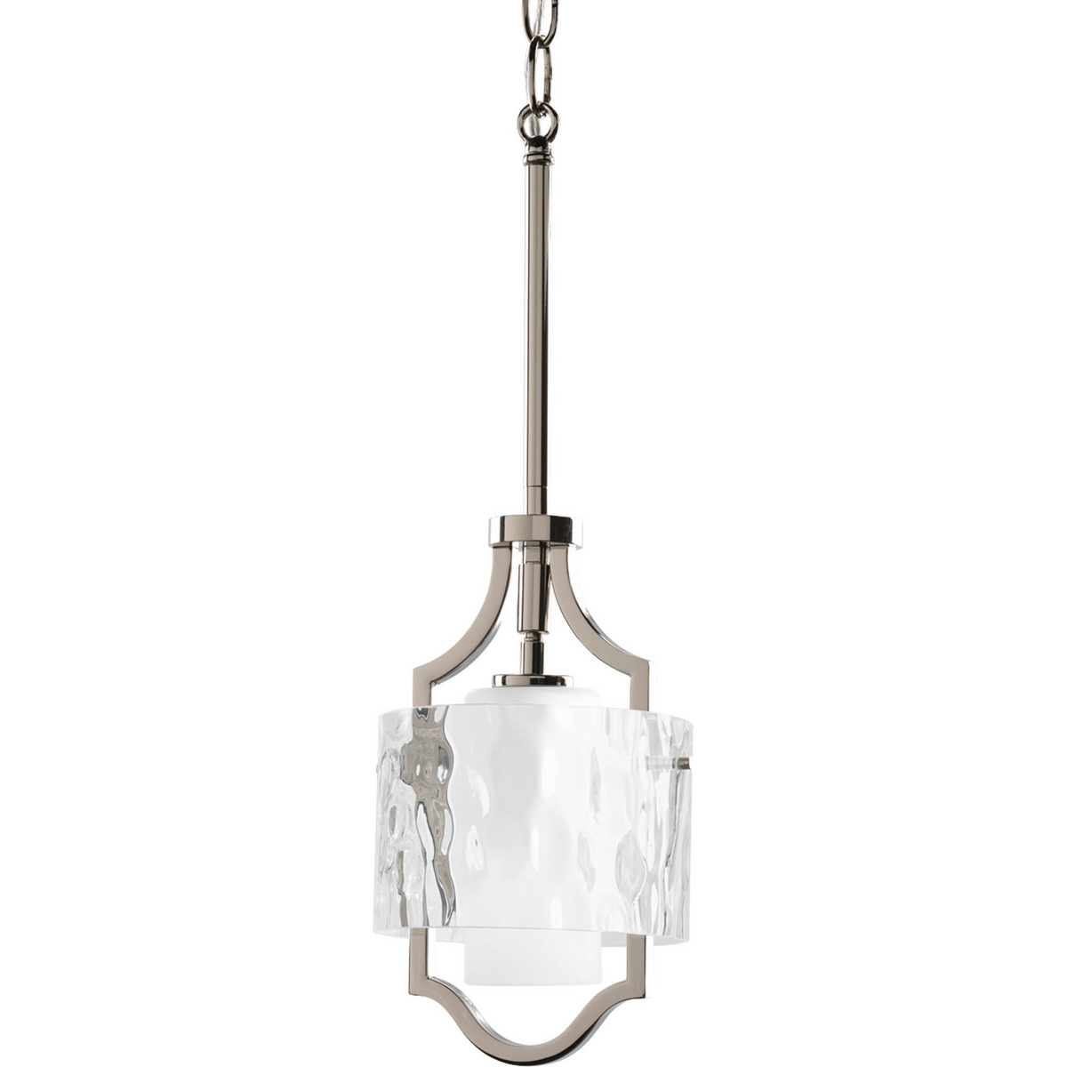 One-light pendant/semi-flush convertible fixture with bulb. Caress features a chic, sophisticated one-light semi-flush featuring a Polished Nickel metal frame with layered glass diffusers to cast a glimmering light. An outer shade of clear, water glass adds rich texture and playful reflections from a central etched glass diffuser.