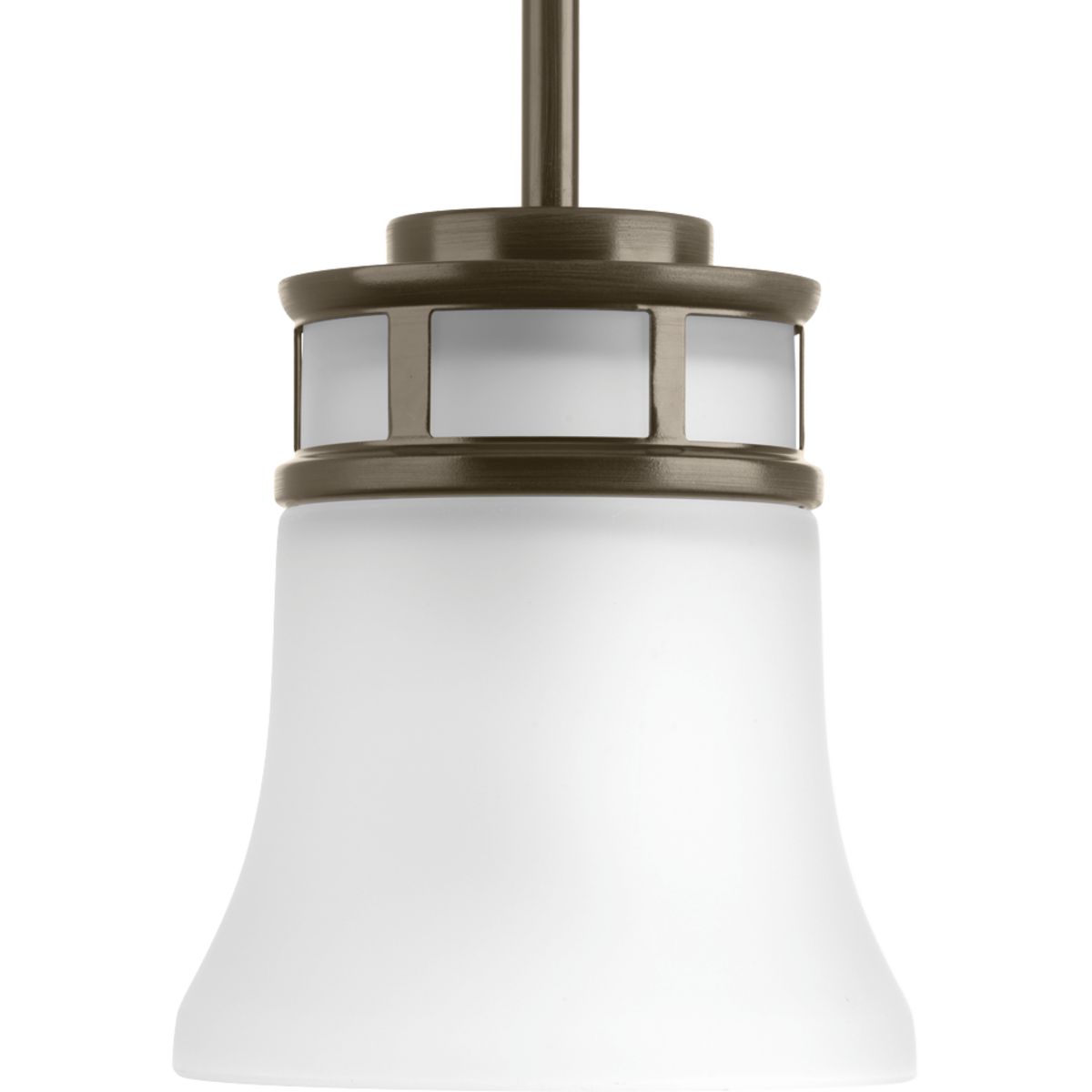 One-light mini-pendant with smooth forms and windowpane style gallery that produce a beautiful, modern gas light effect. Overscaled tubing and etched glass shades offer substance within the sleek frame. Antique Bronze finish.
