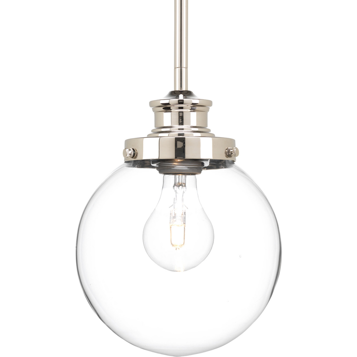 One-light 7 inch Pendant with a modern take on vintage electric design with a clear glass sphere. Polished Nickel finish.