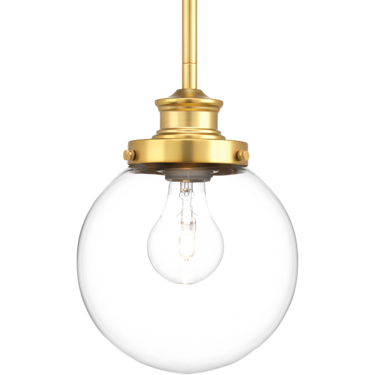 One-light 7 inch Pendant with a modern take on vintage electric design with a clear glass sphere. Natural Brass finish.
