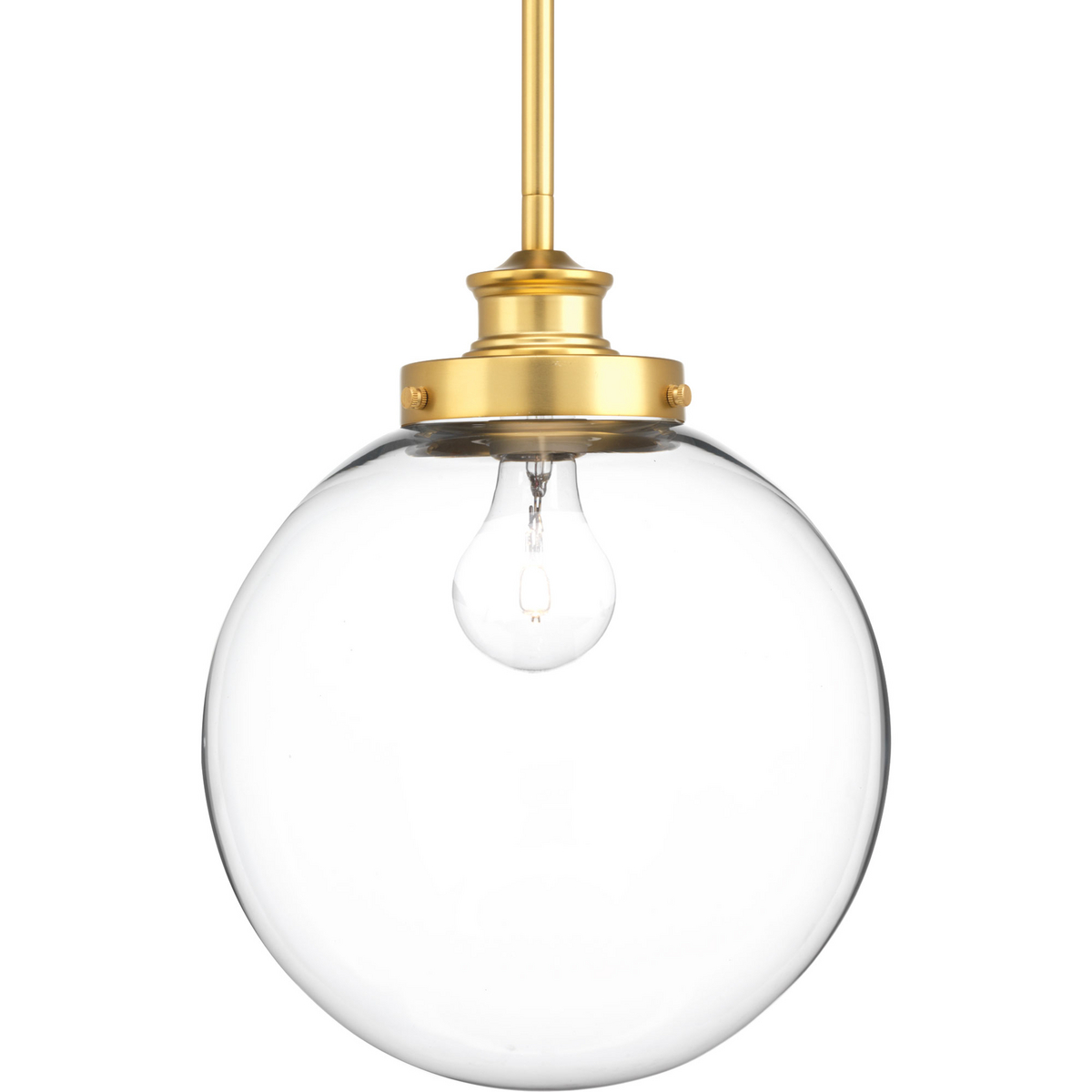 One-light 9-3/4 inch Pendant with a modern take on vintage electric design with a clear glass sphere. Natural Brass finish.