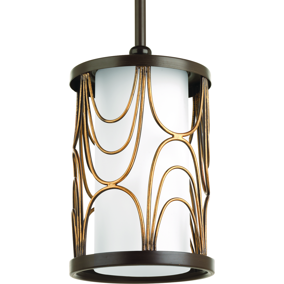 The one-light mini-pendant in the Cirrine collection appeals to the creative spirit within all of us. Hand formed arching elements are highlighted by an artistic painted finish the feathers from a rich bronze tone to a vintage brass accent. Etched white glass complements the artistic frame.