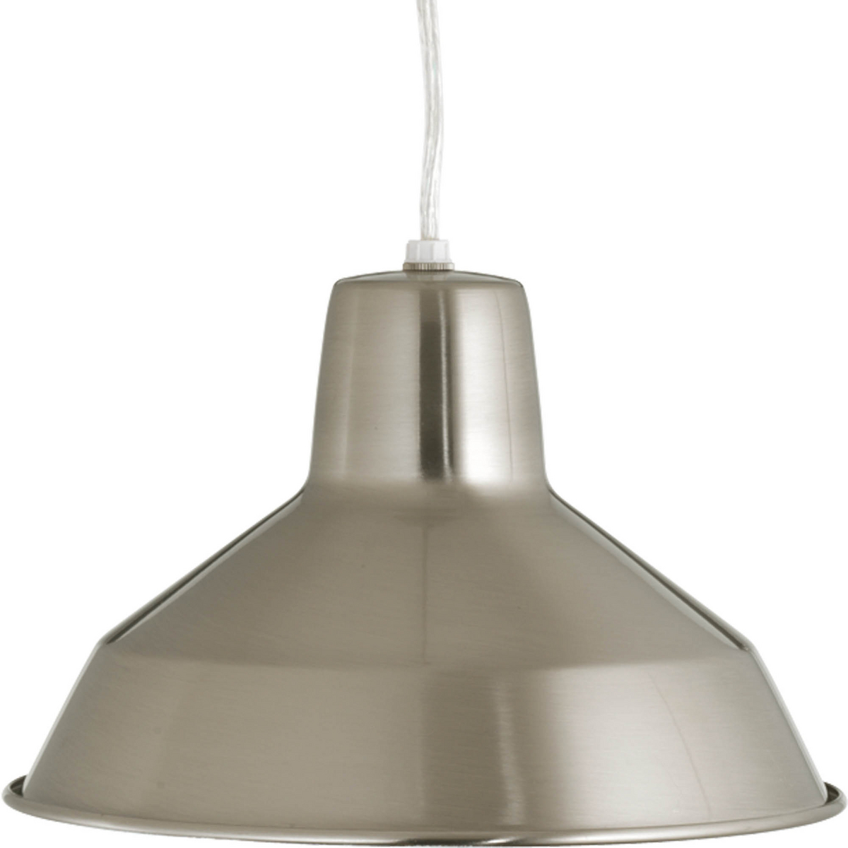 One-light industrial style warehouse cord-hung mini-pendant with spun metal shade. Gloss white inside shade for reflectivity. 3 Conductor SVT clear cord.